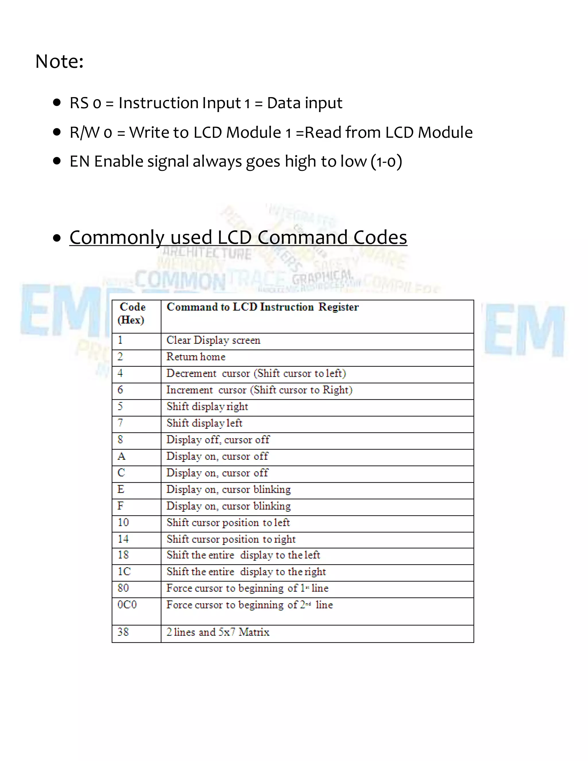 Note:
 RS 0 = Instruction Input 1 = Data input
 R/W 0 = Write to LCD Module 1 =Read from LCD Module
 EN Enable signal always goes high to low (1-0)
 Commonly used LCD Command Codes
 