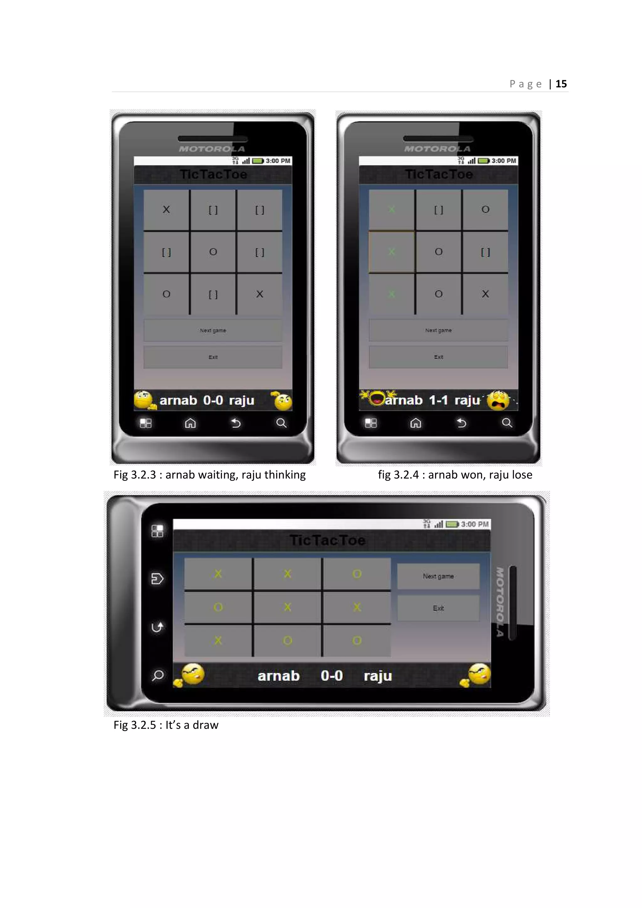 P a g e | 15
Fig 3.2.3 : arnab waiting, raju thinking fig 3.2.4 : arnab won, raju lose
Fig 3.2.5 : It’s a draw
 