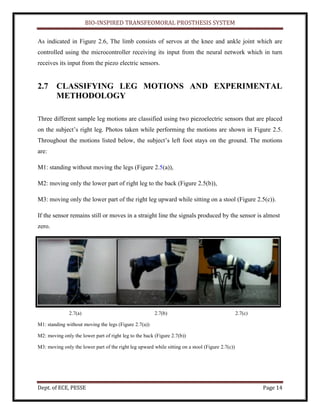 BIO-INSPIRED TRANSFEOMORAL PROSTHESIS SYSTEM
Dept. of ECE, PESSE Page 14
As indicated in Figure 2.6, The limb consists of servos at the knee and ankle joint which are
controlled using the microcontroller receiving its input from the neural network which in turn
receives its input from the piezo electric sensors.
2.7 CLASSIFYING LEG MOTIONS AND EXPERIMENTAL
METHODOLOGY
Three different sample leg motions are classified using two piezoelectric sensors that are placed
on the subject’s right leg. Photos taken while performing the motions are shown in Figure 2.5.
Throughout the motions listed below, the subject’s left foot stays on the ground. The motions
are:
M1: standing without moving the legs (Figure 2.5(a)),
M2: moving only the lower part of right leg to the back (Figure 2.5(b)),
M3: moving only the lower part of the right leg upward while sitting on a stool (Figure 2.5(c)).
If the sensor remains still or moves in a straight line the signals produced by the sensor is almost
zero.
2.7(a) 2.7(b) 2.7(c)
M1: standing without moving the legs (Figure 2.7(a))
M2: moving only the lower part of right leg to the back (Figure 2.7(b))
M3: moving only the lower part of the right leg upward while sitting on a stool (Figure 2.7(c))
 