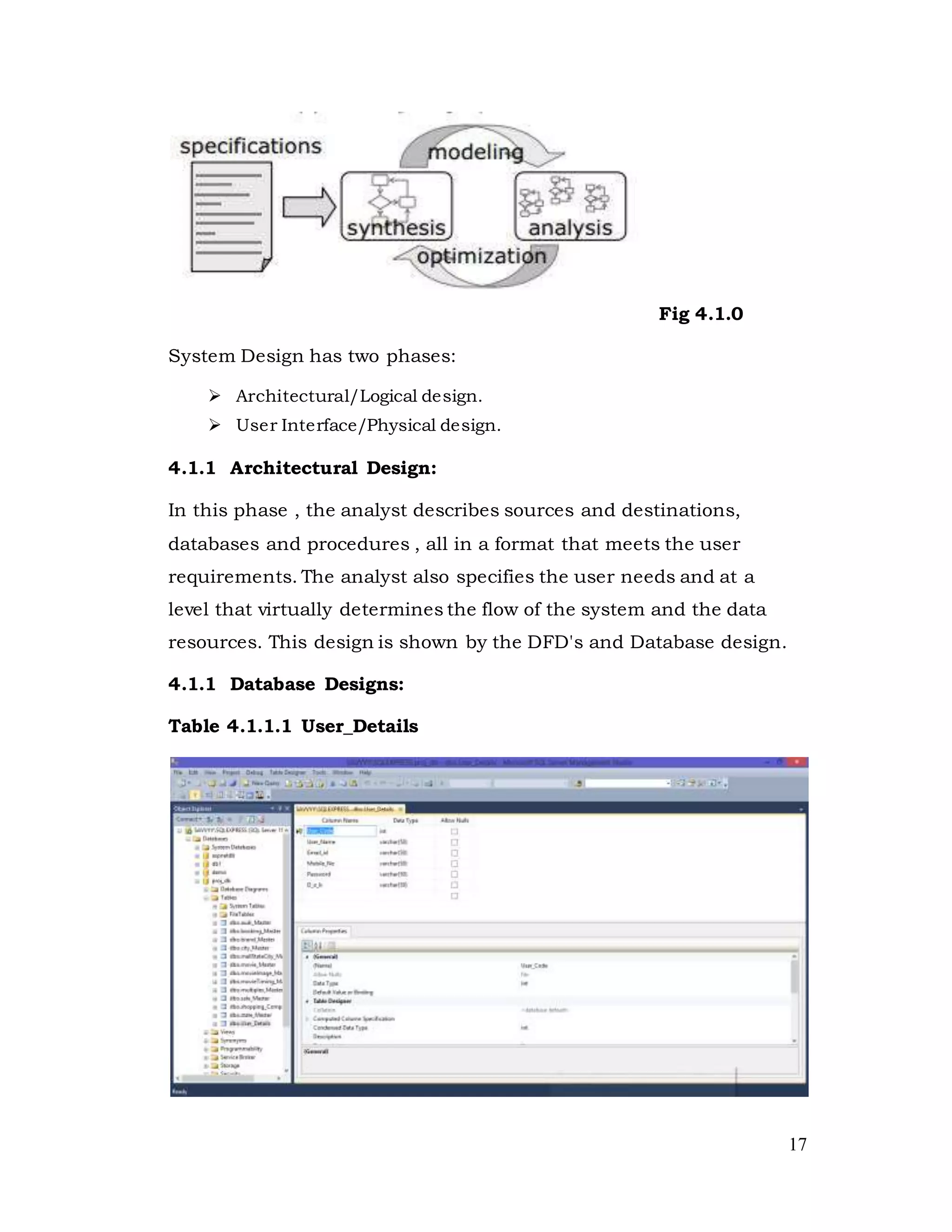 17
Fig 4.1.0
System Design has two phases:
 Architectural/Logical design.
 User Interface/Physical design.
4.1.1 Architectural Design:
In this phase , the analyst describes sources and destinations,
databases and procedures , all in a format that meets the user
requirements. The analyst also specifies the user needs and at a
level that virtually determines the flow of the system and the data
resources. This design is shown by the DFD's and Database design.
4.1.1 Database Designs:
Table 4.1.1.1 User_Details
 