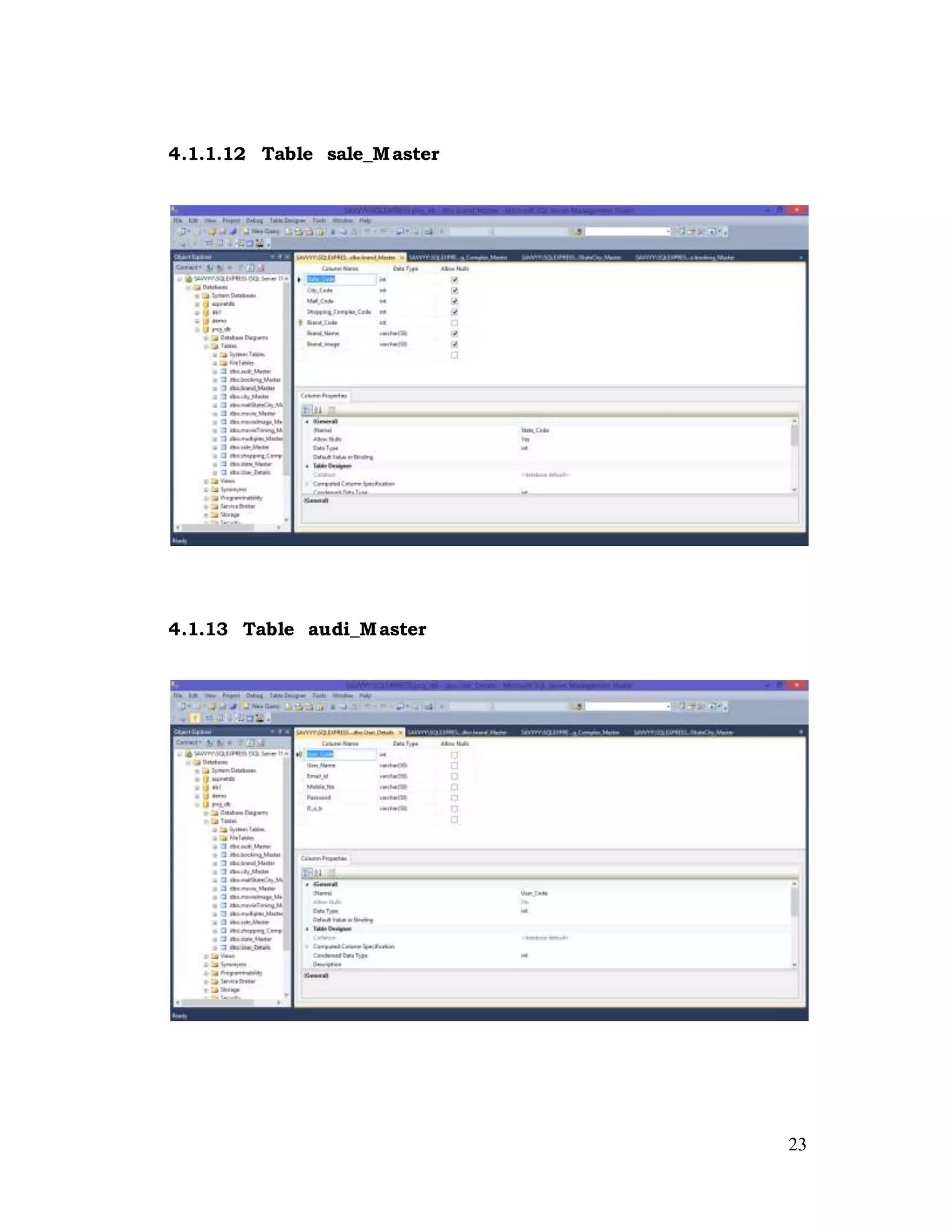 23
4.1.1.12 Table sale_Master
4.1.13 Table audi_Master
 