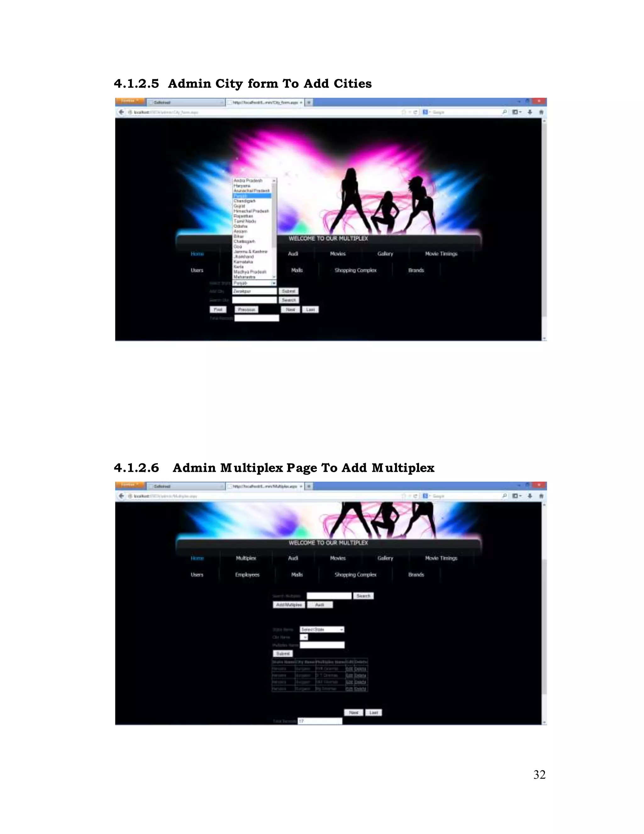32
4.1.2.5 Admin City form To Add Cities
4.1.2.6 Admin Multiplex Page To Add Multiplex
 