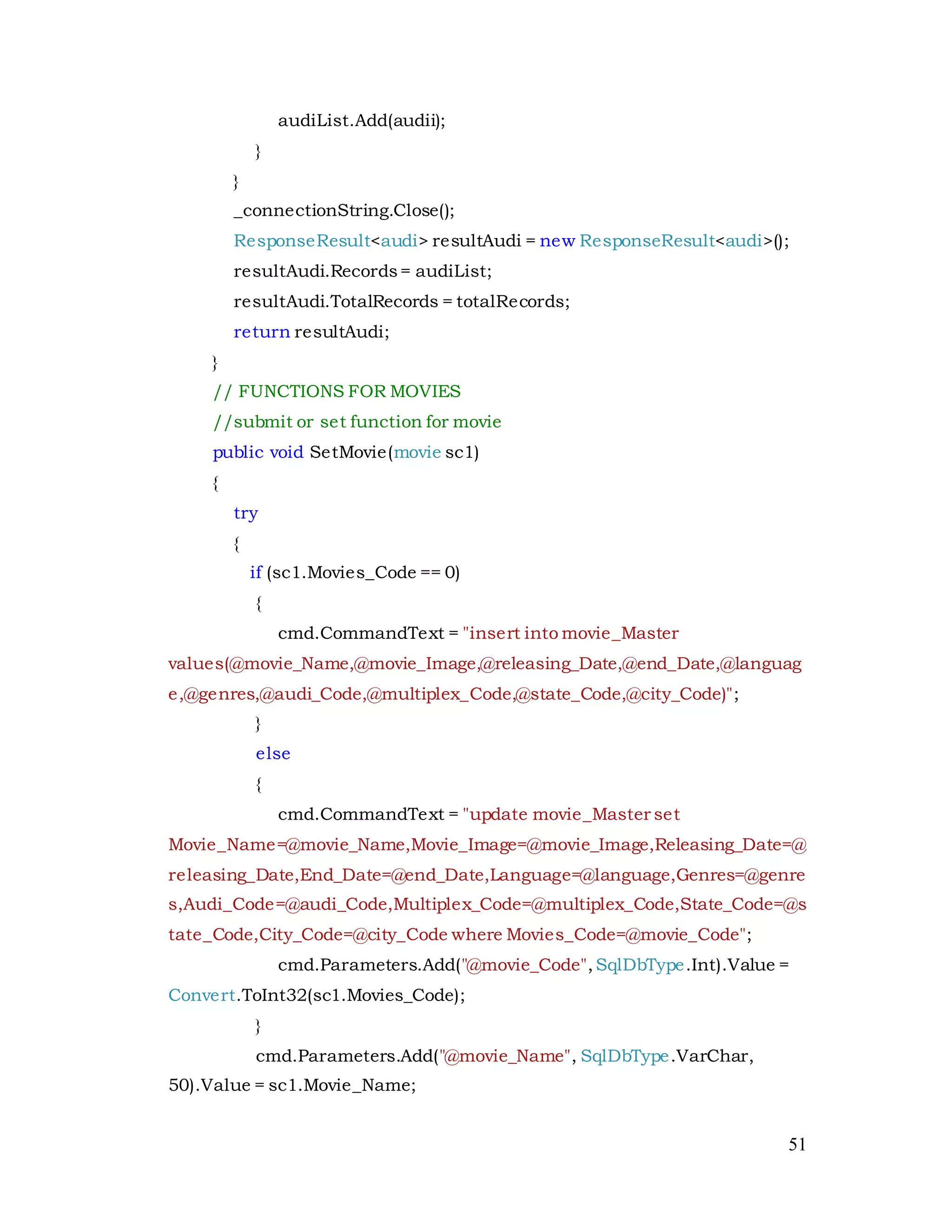 51
audiList.Add(audii);
}
}
_connectionString.Close();
ResponseResult<audi> resultAudi = new ResponseResult<audi>();
resultAudi.Records= audiList;
resultAudi.TotalRecords = totalRecords;
return resultAudi;
}
// FUNCTIONS FOR MOVIES
//submit or set function for movie
public void SetMovie(movie sc1)
{
try
{
if (sc1.Movies_Code == 0)
{
cmd.CommandText = "insert into movie_Master
values(@movie_Name,@movie_Image,@releasing_Date,@end_Date,@languag
e,@genres,@audi_Code,@multiplex_Code,@state_Code,@city_Code)";
}
else
{
cmd.CommandText = "update movie_Master set
Movie_Name=@movie_Name,Movie_Image=@movie_Image,Releasing_Date=@
releasing_Date,End_Date=@end_Date,Language=@language,Genres=@genre
s,Audi_Code=@audi_Code,Multiplex_Code=@multiplex_Code,State_Code=@s
tate_Code,City_Code=@city_Code where Movies_Code=@movie_Code";
cmd.Parameters.Add("@movie_Code",SqlDbType.Int).Value =
Convert.ToInt32(sc1.Movies_Code);
}
cmd.Parameters.Add("@movie_Name", SqlDbType.VarChar,
50).Value = sc1.Movie_Name;
 