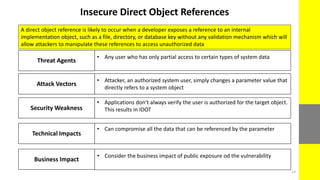 Insecure Direct Object References
A direct object reference is likely to occur when a developer exposes a reference to an internal
implementation object, such as a file, directory, or database key without any validation mechanism which will
allow attackers to manipulate these references to access unauthorized data
Business Impact
• Consider the business impact of public exposure od the vulnerability
Technical Impacts
• Can compromise all the data that can be referenced by the parameter
Security Weakness
• Applications don’t always verify the user is authorized for the target object.
This results in IDOT
Attack Vectors
• Attacker, an authorized system user, simply changes a parameter value that
directly refers to a system object
Threat Agents
• Any user who has only partial access to certain types of system data
14
 