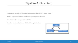 System Architecture
WORDBEE TRANSLATOR9/11/2016 10
For achieving the target we implement the application based on MVC model, where:
Model – Representation of domain data, Business logic and persistent Mechanism.
View – User interface, and representation of Model.
Controller – An intermediary between Model and View, Application brain.
 