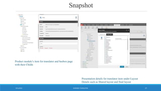 Snapshot
WORDBEE TRANSLATOR9/11/2016 17
Product module’s item for translator and beebox page
with their Childs
Presentation details for translator item under Layout
Details such as Shared layout and final layout
 