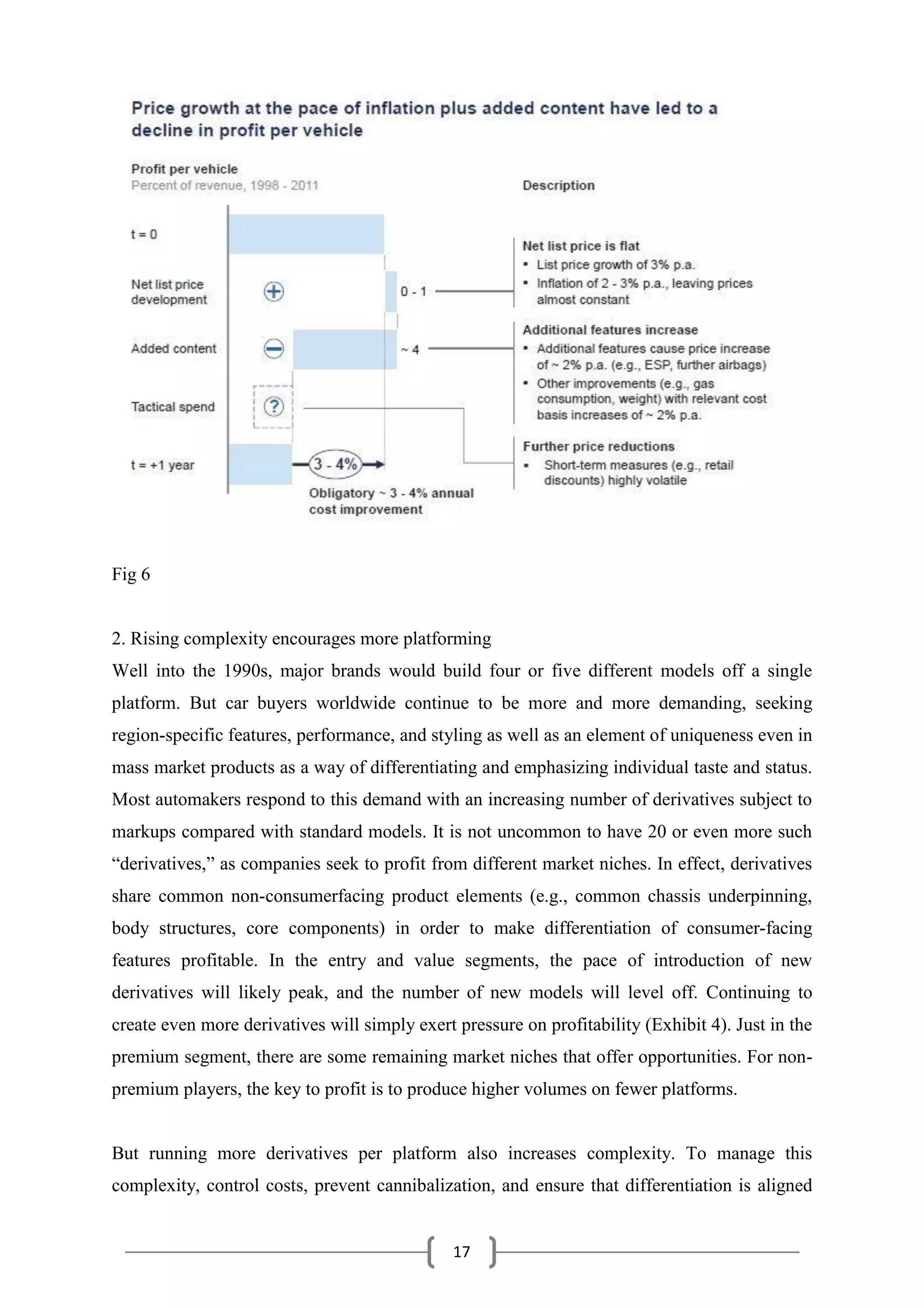 17
Fig 6
2. Rising complexity encourages more platforming
Well into the 1990s, major brands would build four or five different models off a single
platform. But car buyers worldwide continue to be more and more demanding, seeking
region-specific features, performance, and styling as well as an element of uniqueness even in
mass market products as a way of differentiating and emphasizing individual taste and status.
Most automakers respond to this demand with an increasing number of derivatives subject to
markups compared with standard models. It is not uncommon to have 20 or even more such
“derivatives,” as companies seek to profit from different market niches. In effect, derivatives
share common non-consumerfacing product elements (e.g., common chassis underpinning,
body structures, core components) in order to make differentiation of consumer-facing
features profitable. In the entry and value segments, the pace of introduction of new
derivatives will likely peak, and the number of new models will level off. Continuing to
create even more derivatives will simply exert pressure on profitability (Exhibit 4). Just in the
premium segment, there are some remaining market niches that offer opportunities. For non-
premium players, the key to profit is to produce higher volumes on fewer platforms.
But running more derivatives per platform also increases complexity. To manage this
complexity, control costs, prevent cannibalization, and ensure that differentiation is aligned
 