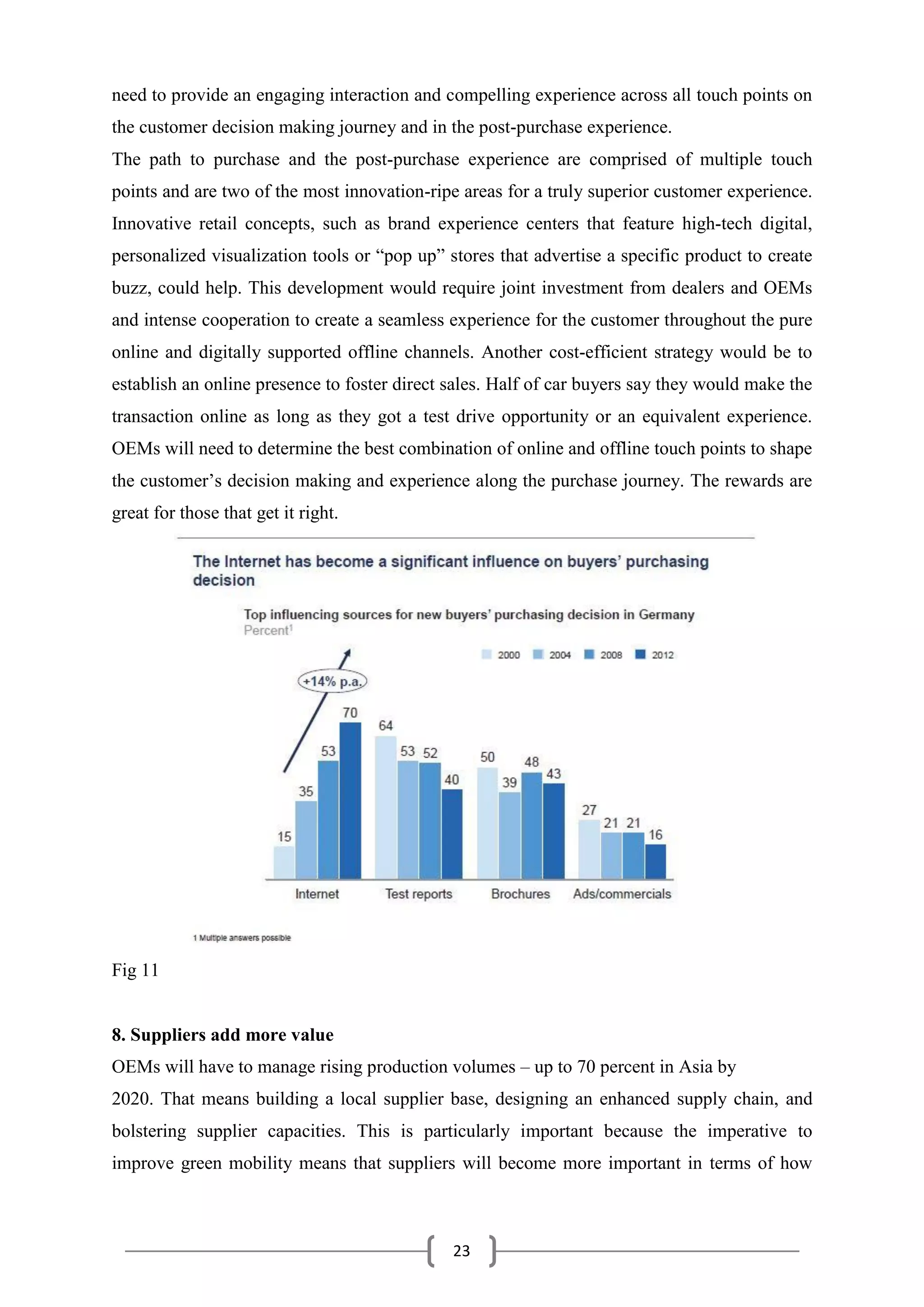 23
need to provide an engaging interaction and compelling experience across all touch points on
the customer decision making journey and in the post-purchase experience.
The path to purchase and the post-purchase experience are comprised of multiple touch
points and are two of the most innovation-ripe areas for a truly superior customer experience.
Innovative retail concepts, such as brand experience centers that feature high-tech digital,
personalized visualization tools or “pop up” stores that advertise a specific product to create
buzz, could help. This development would require joint investment from dealers and OEMs
and intense cooperation to create a seamless experience for the customer throughout the pure
online and digitally supported offline channels. Another cost-efficient strategy would be to
establish an online presence to foster direct sales. Half of car buyers say they would make the
transaction online as long as they got a test drive opportunity or an equivalent experience.
OEMs will need to determine the best combination of online and offline touch points to shape
the customer’s decision making and experience along the purchase journey. The rewards are
great for those that get it right.
Fig 11
8. Suppliers add more value
OEMs will have to manage rising production volumes – up to 70 percent in Asia by
2020. That means building a local supplier base, designing an enhanced supply chain, and
bolstering supplier capacities. This is particularly important because the imperative to
improve green mobility means that suppliers will become more important in terms of how
 