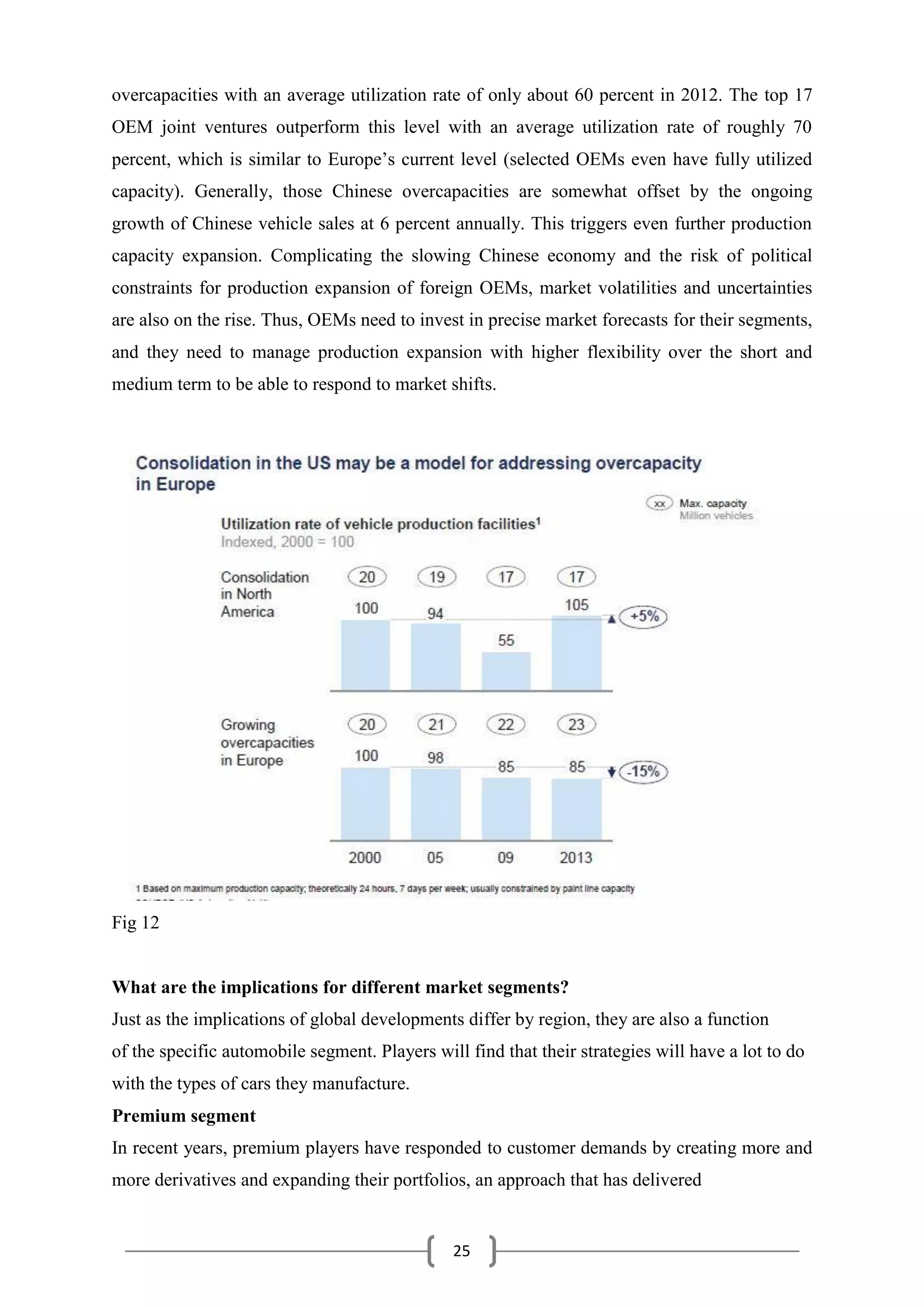 25
overcapacities with an average utilization rate of only about 60 percent in 2012. The top 17
OEM joint ventures outperform this level with an average utilization rate of roughly 70
percent, which is similar to Europe’s current level (selected OEMs even have fully utilized
capacity). Generally, those Chinese overcapacities are somewhat offset by the ongoing
growth of Chinese vehicle sales at 6 percent annually. This triggers even further production
capacity expansion. Complicating the slowing Chinese economy and the risk of political
constraints for production expansion of foreign OEMs, market volatilities and uncertainties
are also on the rise. Thus, OEMs need to invest in precise market forecasts for their segments,
and they need to manage production expansion with higher flexibility over the short and
medium term to be able to respond to market shifts.
Fig 12
What are the implications for different market segments?
Just as the implications of global developments differ by region, they are also a function
of the specific automobile segment. Players will find that their strategies will have a lot to do
with the types of cars they manufacture.
Premium segment
In recent years, premium players have responded to customer demands by creating more and
more derivatives and expanding their portfolios, an approach that has delivered
 