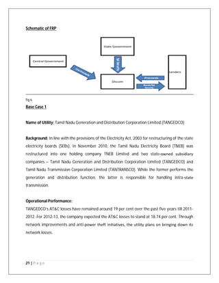 21 | P a g e
Schematic of FRP
fig 6
Base Case 1
Name of Utility: Tamil Nadu Generation and Distribution Corporation Limited (TANGEDCO)
Background: In line with the provisions of the Electricity Act, 2003 for restructuring of the state
electricity boards (SEBs), in November 2010, the Tamil Nadu Electricity Board (TNEB) was
restructured into one holding company TNEB Limited and two state‐owned subsidiary
companies – Tamil Nadu Generation and Distribution Corporation Limited (TANGEDCO) and
Tamil Nadu Transmission Corporation Limited (TANTRANSCO). While the former performs the
generation and distribution function, the latter is responsible for handling intra‐state
transmission.
Operational Performance:
TANGEDCO’s AT&C losses have remained around 19 per cent over the past five years till 2011-
2012. For 2012‐13, the company expected the AT&C losses to stand at 18.74 per cent. Through
network improvements and anti‐power theft initiatives, the utility plans on bringing down its
network losses.
 
