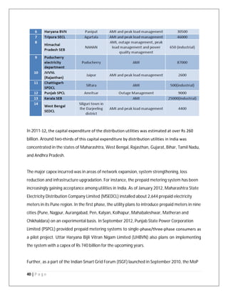 40 | P a g e
In 2011‐12, the capital expenditure of the distribution utilities was estimated at over Rs 260
billion. Around two‐thirds of this capital expenditure by distribution utilities in India was
concentrated in the states of Maharashtra, West Bengal, Rajasthan, Gujarat, Bihar, Tamil Nadu,
and Andhra Pradesh.
The major capex incurred was in areas of network expansion, system strengthening, loss
reduction and infrastructure upgradation. For instance, the prepaid metering system has been
increasingly gaining acceptance among utilities in India. As of January 2012, Maharashtra State
Electricity Distribution Company Limited (MSEDCL) installed about 2,644 prepaid electricity
meters in its Pune region. In the first phase, the utility plans to introduce prepaid meters in nine
cities (Pune, Nagpur, Aurangabad, Pen, Kalyan, Kolhapur, Mahabaleshwar, Matheran and
Chikhaldara) on an experimental basis. In September 2012, Punjab State Power Corporation
Limited (PSPCL) provided prepaid metering systems to single‐phase/three‐phase consumers as
a pilot project. Uttar Haryana Bijli Vitran Nigam Limited (UHBVN) also plans on implementing
the system with a capex of Rs 740 billion for the upcoming years.
Further, as a part of the Indian Smart Grid Forum (ISGF) launched in September 2010, the MoP
 