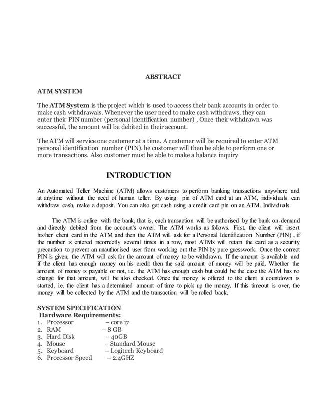 Project report on (atm MAnagment system) | DOCX