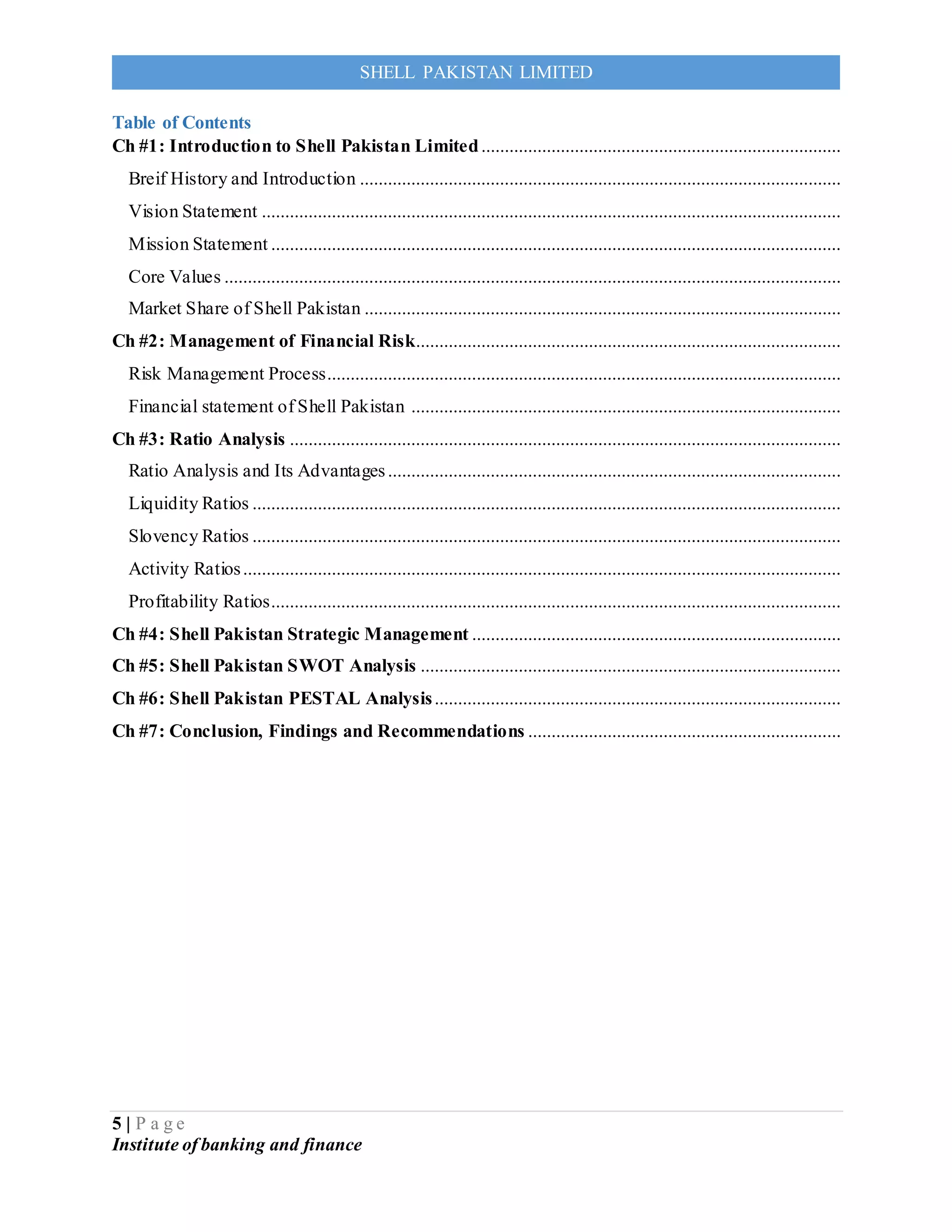 5 | P a g e
Institute of banking and finance
SHELL PAKISTAN LIMITED
Table of Contents
Ch #1: Introduction to Shell Pakistan Limited.............................................................................
Breif History and Introduction .......................................................................................................
Vision Statement ............................................................................................................................
Mission Statement ..........................................................................................................................
Core Values ....................................................................................................................................
Market Share of Shell Pakistan ......................................................................................................
Ch #2: Management of Financial Risk...........................................................................................
Risk Management Process..............................................................................................................
Financial statement of Shell Pakistan ............................................................................................
Ch #3: Ratio Analysis ......................................................................................................................
Ratio Analysis and Its Advantages.................................................................................................
Liquidity Ratios ..............................................................................................................................
Slovency Ratios ..............................................................................................................................
Activity Ratios................................................................................................................................
Profitability Ratios..........................................................................................................................
Ch #4: Shell Pakistan Strategic Management ...............................................................................
Ch #5: Shell Pakistan SWOT Analysis ..........................................................................................
Ch #6: Shell Pakistan PESTAL Analysis.......................................................................................
Ch #7: Conclusion, Findings and Recommendations ...................................................................
 