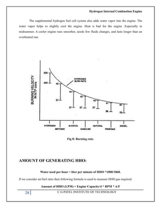 Hydrogen Internal Combustion Engine
28 C G PATEL INSTITUTE OF TECHNOLOGY
The supplemental hydrogen fuel cell system also adds water vapor into the engine. The
water vapor helps to slightly cool the engine. Heat is bad for the engine .Especially in
midsummer. A cooler engine runs smoother, needs few fluids changes, and lasts longer than an
overheated one.
Fig 8: Burning rate.
AMOUNT OF GENERATING HHO:
Water used per hour = liter per minute of HHO *1000/1860.
If we consider air/fuel ratio then following formula is used to measure HHO gas required.
Amount of HHO (LPM) = Engine Capacity/4 * RPM * A/F
 