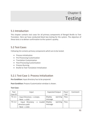 93
Chapter-5
Testing
5.1 Introduction
This chapter contains test cases for all primary components of Bengali Braille to Text
Translator. Here we have conducted black box testing for the system. The objective of
these tests is to deliver confirmation to the system’s quality.
5.2 Test Cases
Following list contains primary components which are to be tested.
 Process Initialization
 Pre-Processing Customization
 Translation Customization
 Post-Processing Customization
 Process Running
 Braille to Text Translation Initialization
5.2.1 Test Case 1: Process Initialization
Pre-Condition: Input directory has to be prepared.
Post-Condition: Process Customization window is shown.
Test Case:
Test
Case ID
Input Expected Output Pass/
Fail
Comment
TC-1.1 - Input Directory  empty
- Next  click
Display warning
message
Pass
TC-1.2 - Input Directory  invalid
directory path
- Next  click
Display warning
message
Pass
 