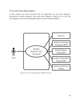 12
2.4.2 Use Case Description
In this section Use Case Scenario will be elaborated to Use Case Diagram,
Description, Activity Diagram, and Swim-Lane Diagram. Figure-2.4.2 is the Use
Case Diagram of level-0 for Bengali Braille to Text Translator (BBTT):
 