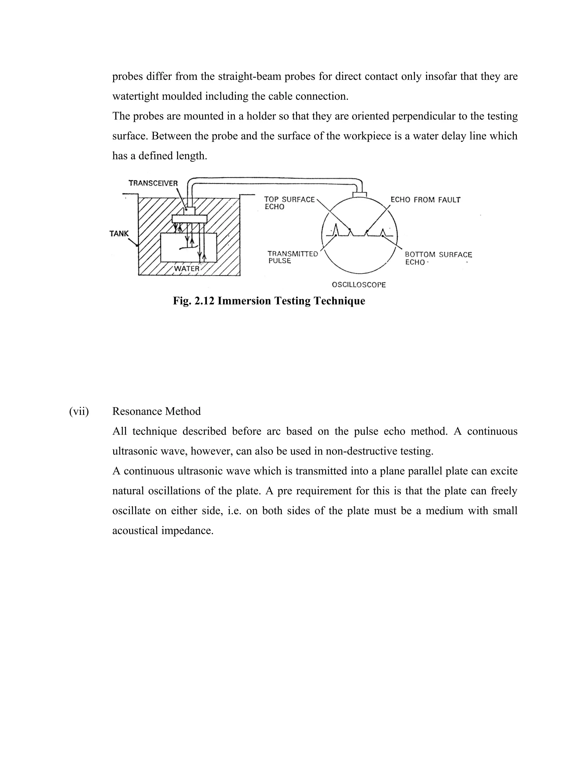probes differ from the straight-beam probes for direct contact only insofar that they are
        watertight moulded including the cable connection.
        The probes are mounted in a holder so that they are oriented perpendicular to the testing
        surface. Between the probe and the surface of the workpiece is a water delay line which
        has a defined length.




                     Fig. 2.12 Immersion Testing Technique




(vii)   Resonance Method
        All technique described before arc based on the pulse echo method. A continuous
        ultrasonic wave, however, can also be used in non-destructive testing.
        A continuous ultrasonic wave which is transmitted into a plane parallel plate can excite
        natural oscillations of the plate. A pre requirement for this is that the plate can freely
        oscillate on either side, i.e. on both sides of the plate must be a medium with small
        acoustical impedance.
 