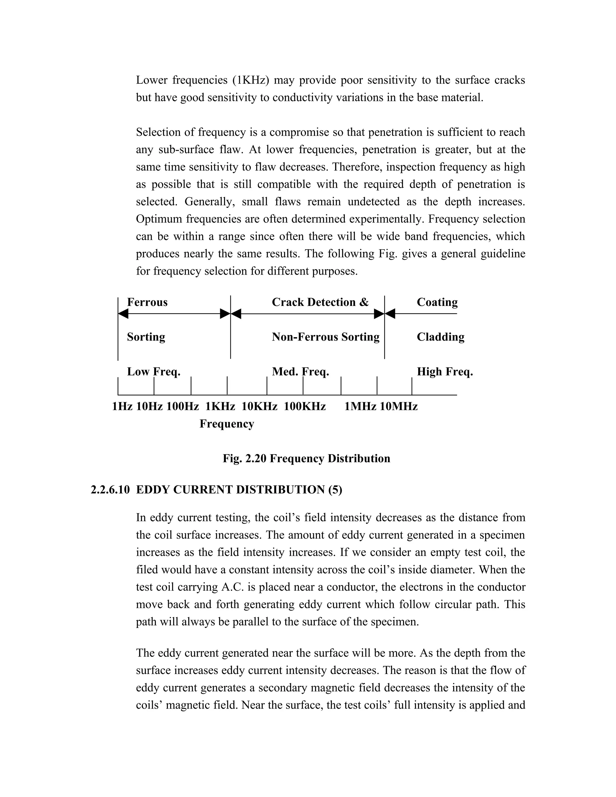 Lower frequencies (1KHz) may provide poor sensitivity to the surface cracks
      but have good sensitivity to conductivity variations in the base material.

      Selection of frequency is a compromise so that penetration is sufficient to reach
      any sub-surface flaw. At lower frequencies, penetration is greater, but at the
      same time sensitivity to flaw decreases. Therefore, inspection frequency as high
      as possible that is still compatible with the required depth of penetration is
      selected. Generally, small flaws remain undetected as the depth increases.
      Optimum frequencies are often determined experimentally. Frequency selection
      can be within a range since often there will be wide band frequencies, which
      produces nearly the same results. The following Fig. gives a general guideline
      for frequency selection for different purposes.

     Ferrous                        Crack Detection &               Coating

     Sorting                        Non-Ferrous Sorting             Cladding

     Low Freq.                      Med. Freq.                      High Freq.

   1Hz 10Hz 100Hz 1KHz 10KHz 100KHz                 1MHz 10MHz
                 Frequency

                         Fig. 2.20 Frequency Distribution

2.2.6.10 EDDY CURRENT DISTRIBUTION (5)

      In eddy current testing, the coil’s field intensity decreases as the distance from
      the coil surface increases. The amount of eddy current generated in a specimen
      increases as the field intensity increases. If we consider an empty test coil, the
      filed would have a constant intensity across the coil’s inside diameter. When the
      test coil carrying A.C. is placed near a conductor, the electrons in the conductor
      move back and forth generating eddy current which follow circular path. This
      path will always be parallel to the surface of the specimen.

      The eddy current generated near the surface will be more. As the depth from the
      surface increases eddy current intensity decreases. The reason is that the flow of
      eddy current generates a secondary magnetic field decreases the intensity of the
      coils’ magnetic field. Near the surface, the test coils’ full intensity is applied and
 