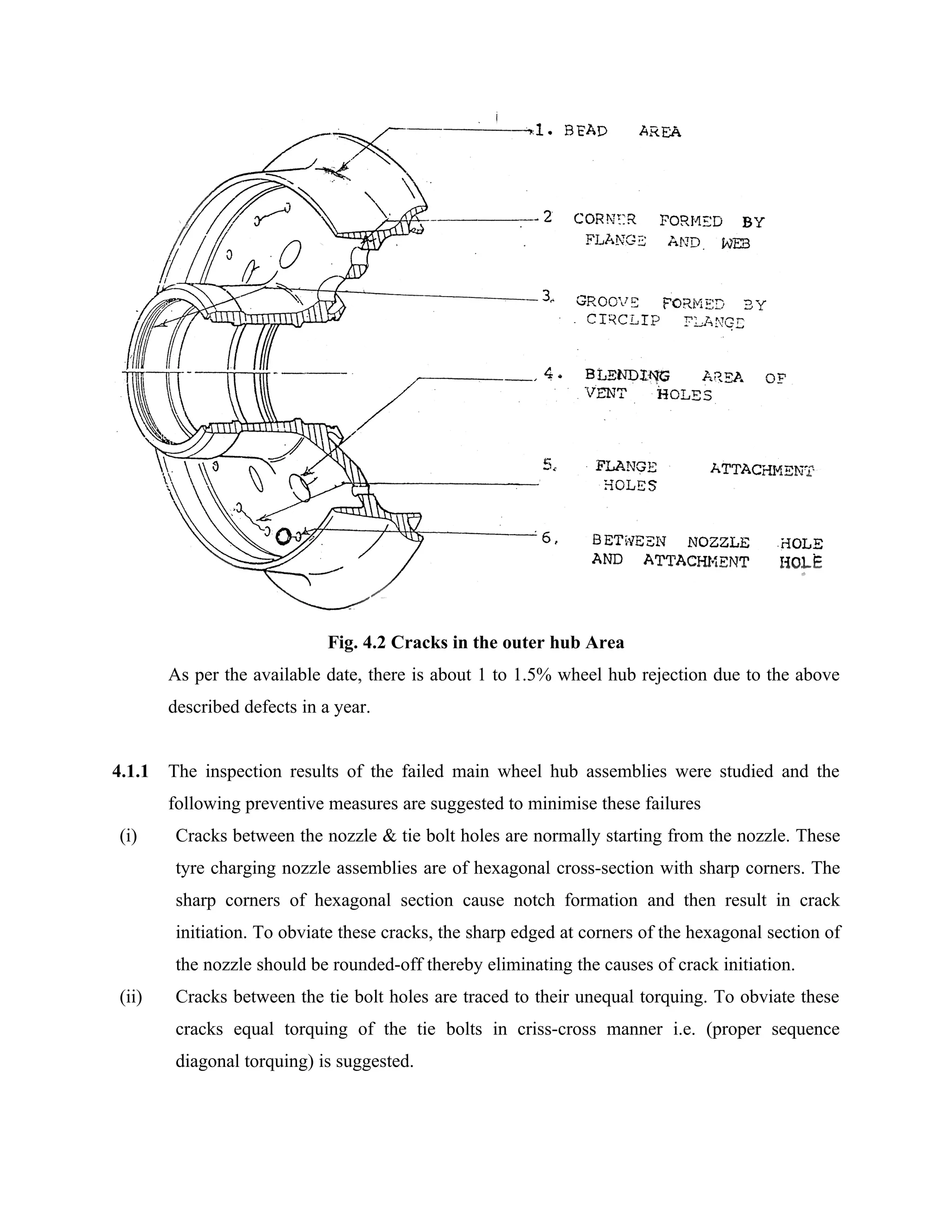 Fig. 4.2 Cracks in the outer hub Area
        As per the available date, there is about 1 to 1.5% wheel hub rejection due to the above
        described defects in a year.


4.1.1   The inspection results of the failed main wheel hub assemblies were studied and the
        following preventive measures are suggested to minimise these failures
 (i)     Cracks between the nozzle & tie bolt holes are normally starting from the nozzle. These
         tyre charging nozzle assemblies are of hexagonal cross-section with sharp corners. The
         sharp corners of hexagonal section cause notch formation and then result in crack
         initiation. To obviate these cracks, the sharp edged at corners of the hexagonal section of
         the nozzle should be rounded-off thereby eliminating the causes of crack initiation.
 (ii)    Cracks between the tie bolt holes are traced to their unequal torquing. To obviate these
         cracks equal torquing of the tie bolts in criss-cross manner i.e. (proper sequence
         diagonal torquing) is suggested.
 