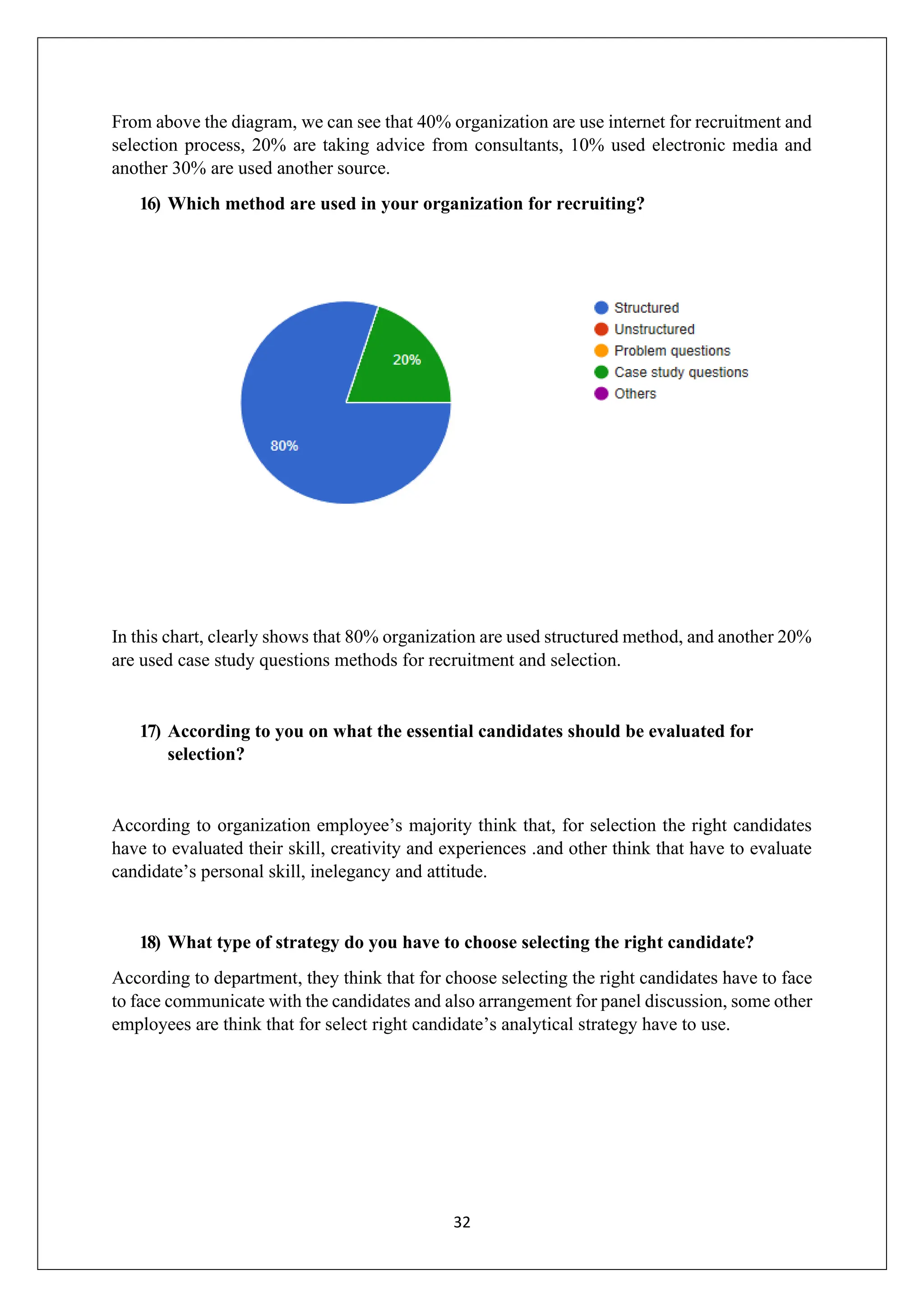 32
From above the diagram, we can see that 40% organization are use internet for recruitment and
selection process, 20% are taking advice from consultants, 10% used electronic media and
another 30% are used another source.
16) Which method are used in your organization for recruiting?
In this chart, clearly shows that 80% organization are used structured method, and another 20%
are used case study questions methods for recruitment and selection.
17) According to you on what the essential candidates should be evaluated for
selection?
According to organization employee’s majority think that, for selection the right candidates
have to evaluated their skill, creativity and experiences .and other think that have to evaluate
candidate’s personal skill, inelegancy and attitude.
18) What type of strategy do you have to choose selecting the right candidate?
According to department, they think that for choose selecting the right candidates have to face
to face communicate with the candidates and also arrangement for panel discussion, some other
employees are think that for select right candidate’s analytical strategy have to use.
 