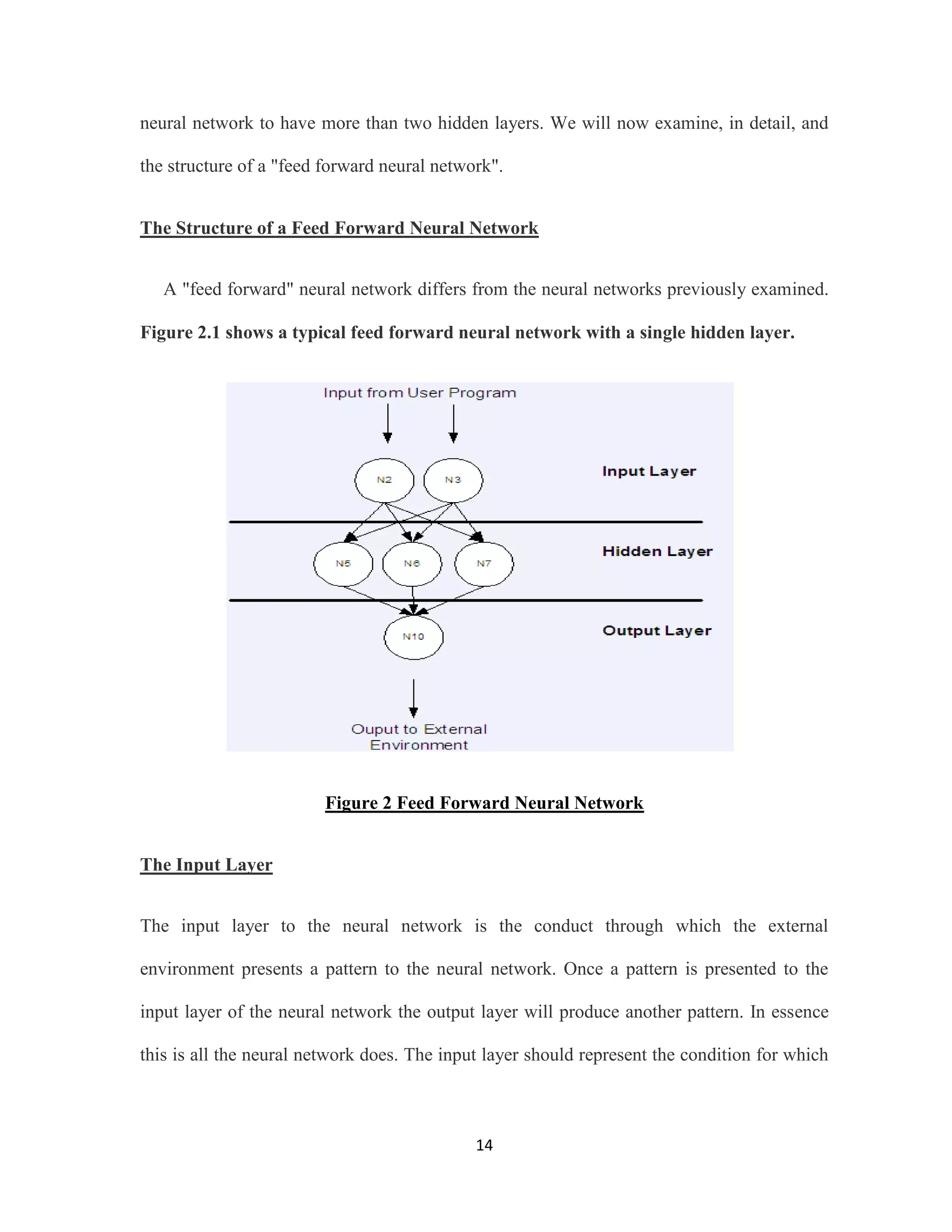 neural network to have more than two hidden layers. We will now examine, in detail, and 
the structure of a &quot;feed forward neural network&quot;. 
The Structure of a Feed Forward Neural Network 
A &quot;feed forward&quot; neural network differs from the neural networks previously examined. 
Figure 2.1 shows a typical feed forward neural network with a single hidden layer. 
Figure 2 Feed Forward Neural Network 
14 
The Input Layer 
The input layer to the neural network is the conduct through which the external 
environment presents a pattern to the neural network. Once a pattern is presented to the 
input layer of the neural network the output layer will produce another pattern. In essence 
this is all the neural network does. The input layer should represent the condition for which 
 