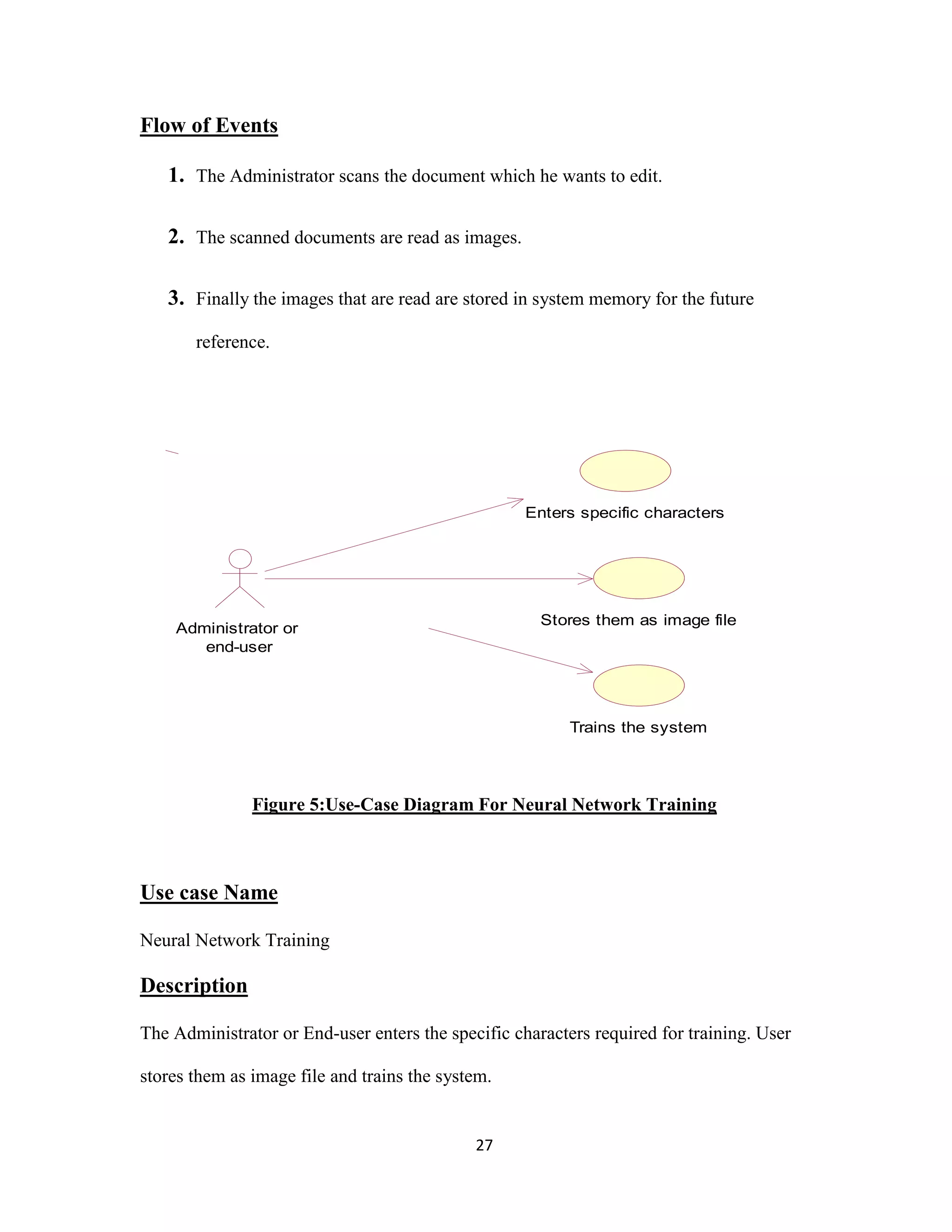 27 
Flow of Events 
1. The Administrator scans the document which he wants to edit. 
2. The scanned documents are read as images. 
3. Finally the images that are read are stored in system memory for the future 
reference. 
Figure 5:Use-Case Diagram For Neural Network Training 
Use case Name 
Neural Network Training 
Description 
The Administrator or End-user enters the specific characters required for training. User 
stores them as image file and trains the system. 
Enters specific characters 
Stores them as image file 
Trains the system 
Administrator or 
end-user 
 