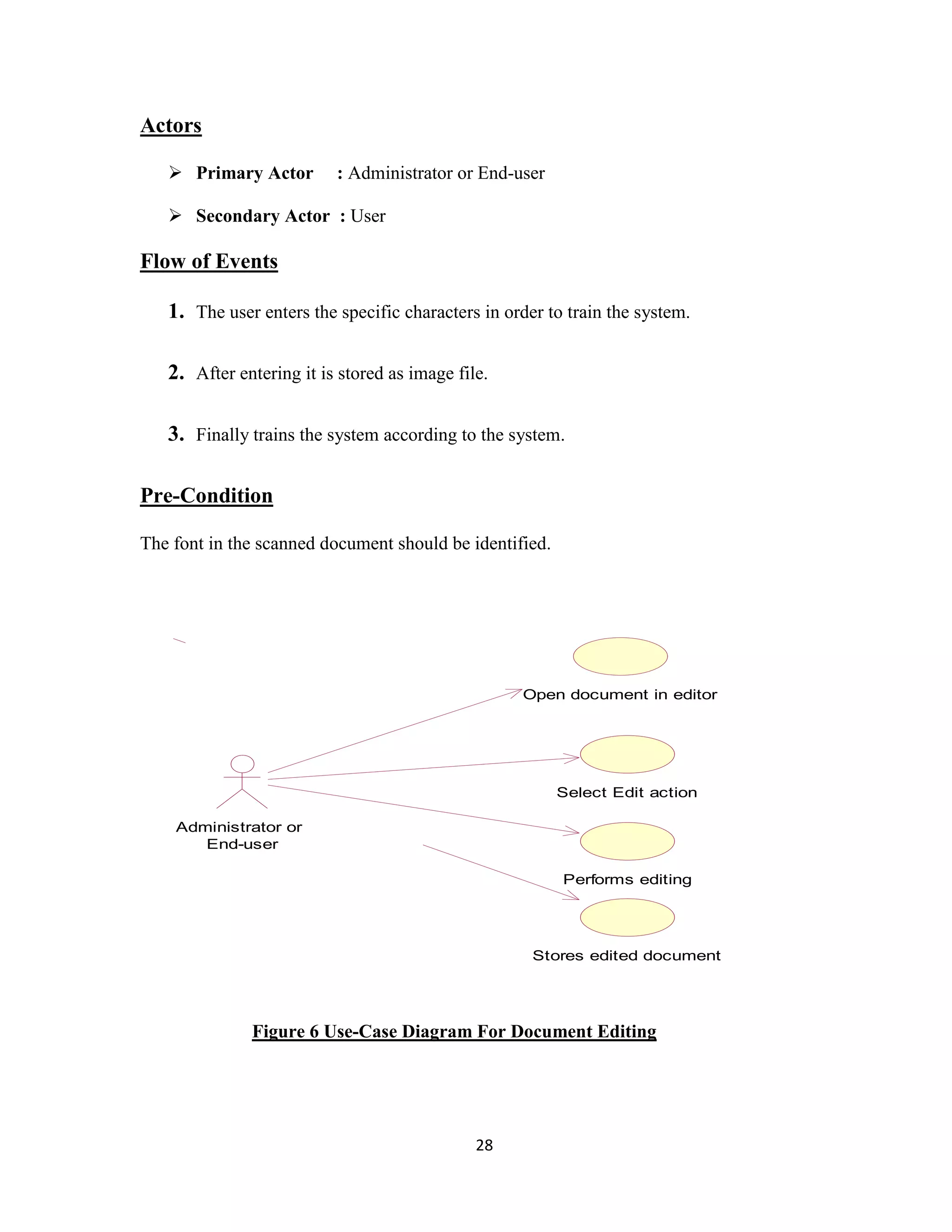 28 
Actors 
 Primary Actor : Administrator or End-user 
 Secondary Actor : User 
Flow of Events 
1. The user enters the specific characters in order to train the system. 
2. After entering it is stored as image file. 
3. Finally trains the system according to the system. 
Pre-Condition 
The font in the scanned document should be identified. 
Open document in editor 
Select Edit action 
Performs editing 
Stores edited document 
Administrator or 
End-user 
Figure 6 Use-Case Diagram For Document Editing 
 