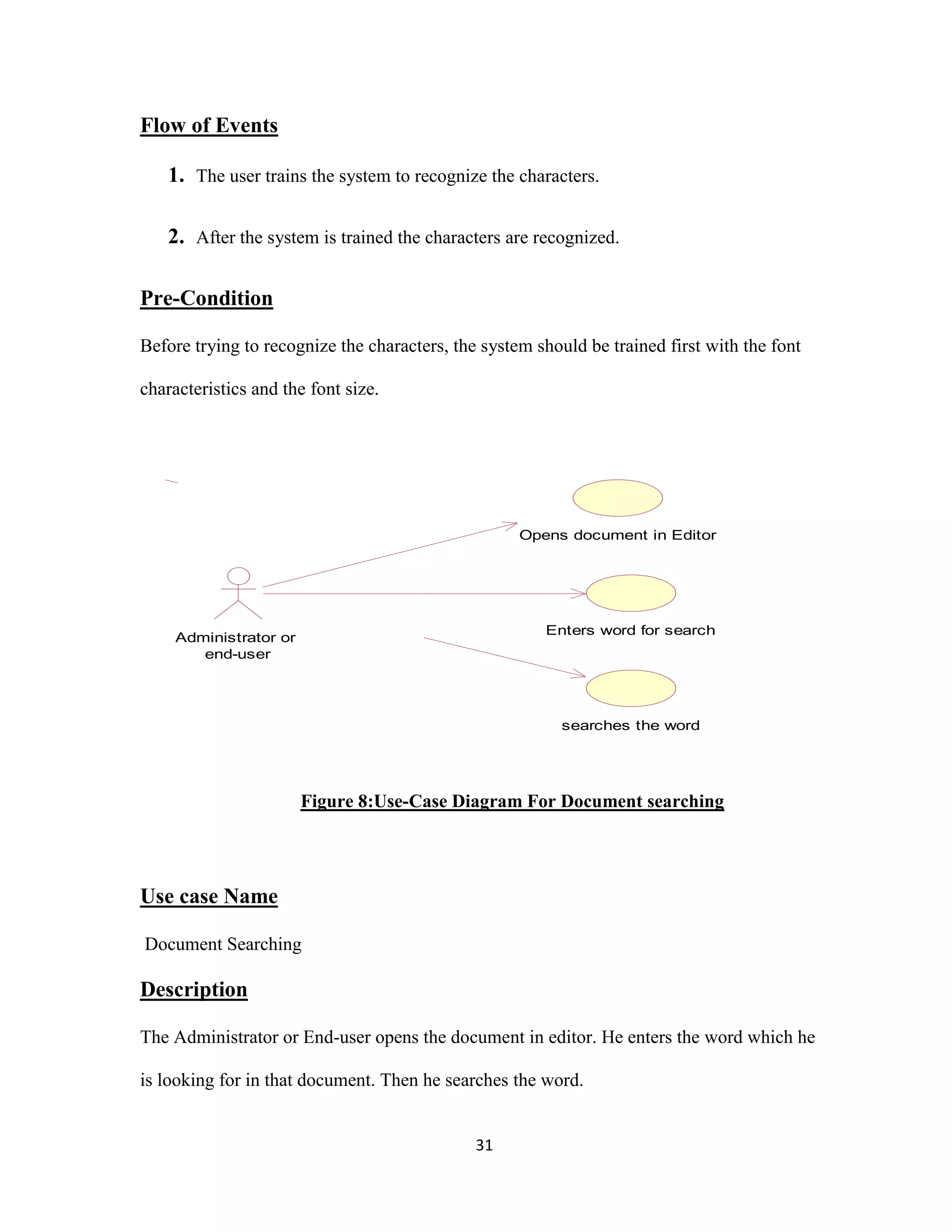 31 
Flow of Events 
1. The user trains the system to recognize the characters. 
2. After the system is trained the characters are recognized. 
Pre-Condition 
Before trying to recognize the characters, the system should be trained first with the font 
characteristics and the font size. 
Opens document in Editor 
Enters word for search 
searches the word 
Figure 8:Use-Case Diagram For Document searching 
Administrator or 
end-user 
Use case Name 
Document Searching 
Description 
The Administrator or End-user opens the document in editor. He enters the word which he 
is looking for in that document. Then he searches the word. 
 
