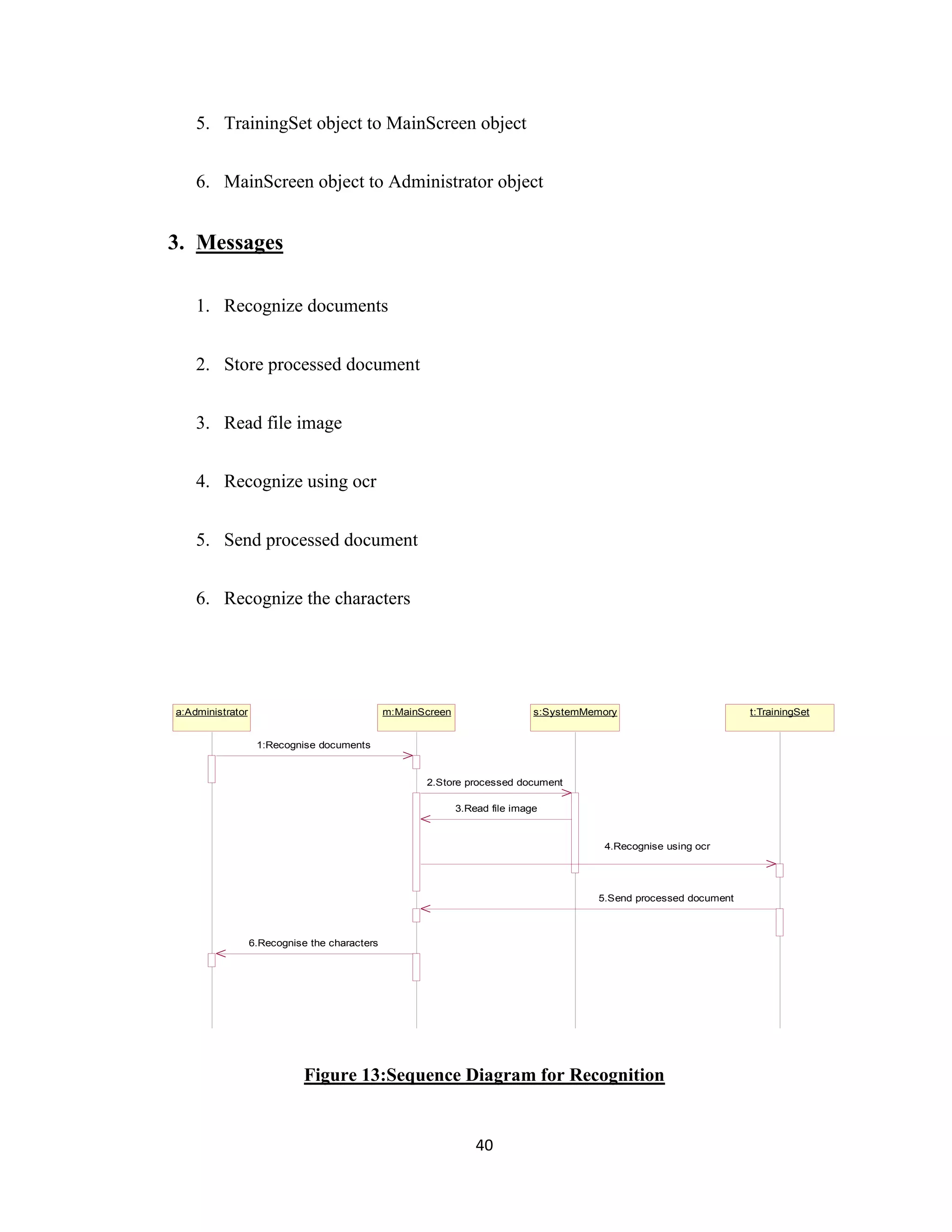 5. TrainingSet object to MainScreen object 
6. MainScreen object to Administrator object 
a:Administrator m:MainScreen s:SystemMemory t:TrainingSet 
2.Store processed document 
3.Read file image 
40 
3. Messages 
1. Recognize documents 
2. Store processed document 
3. Read file image 
4. Recognize using ocr 
5. Send processed document 
6. Recognize the characters 
1:Recognise documents 
4.Recognise using ocr 
5.Send processed document 
6.Recognise the characters 
Figure 13:Sequence Diagram for Recognition 
 