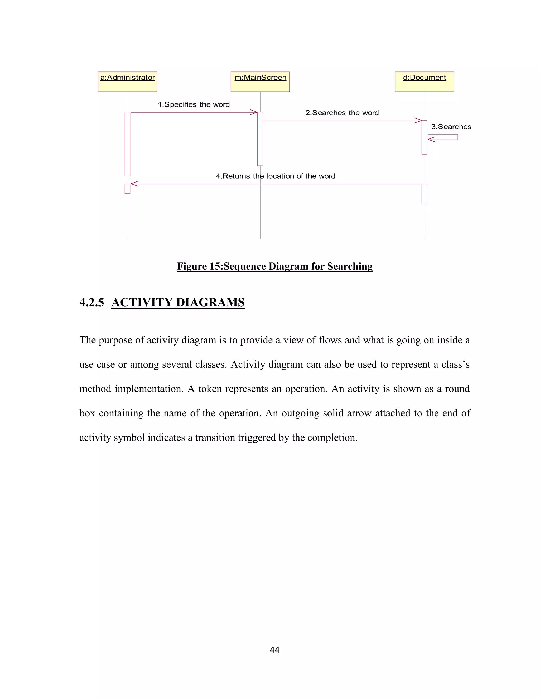 a:Administrator m:MainScreen d:Document 
1.Specifies the word 
2.Searches the word 
4.Returns the location of the word 
Figure 15:Sequence Diagram for Searching 
44 
4.2.5 ACTIVITY DIAGRAMS 
The purpose of activity diagram is to provide a view of flows and what is going on inside a 
use case or among several classes. Activity diagram can also be used to represent a class’s 
method implementation. A token represents an operation. An activity is shown as a round 
box containing the name of the operation. An outgoing solid arrow attached to the end of 
activity symbol indicates a transition triggered by the completion. 
3.Searches 
 