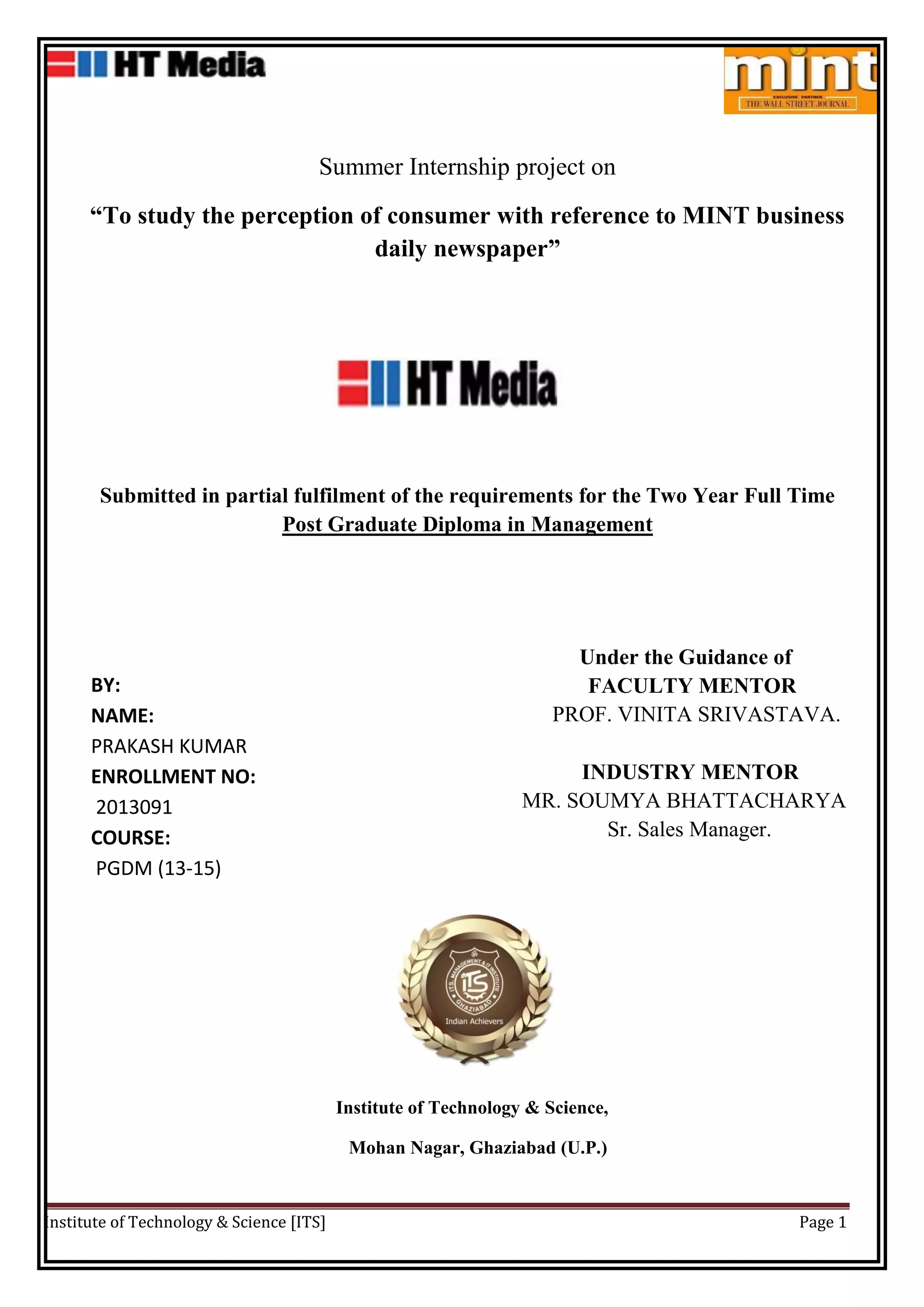 Project report on HT Media Ltd. (MINT) | PDF