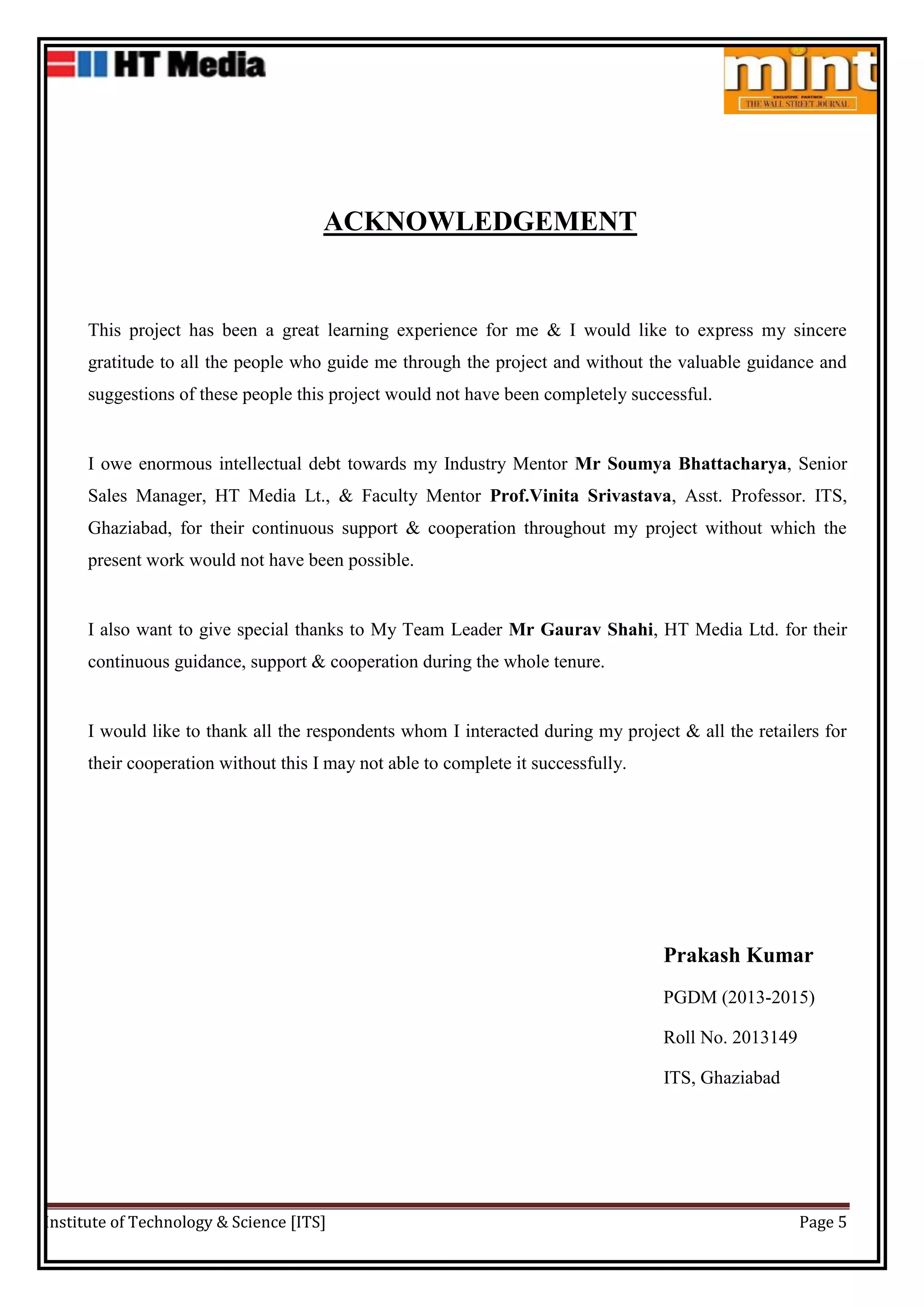 Project report on HT Media Ltd. (MINT) | PDF