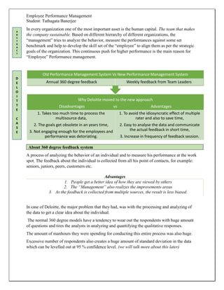 Employee Performance Management
Student: Tathagata Banerjee
In every organization one of the most important asset is the human capital. The team that makes
the company sustainable. Based on different hierarchy of different organizations, the
“management” tries to analyze the behavior, measure the performances against some set
benchmark and help to develop the skill set of the “employee” to align them as per the strategic
goals of the organization. This continuous push for higher performance is the main reason for
“Employee” Performance management.
About 360 degree feedback system
A process of analyzing the behavior of an individual and to measure his performance at the work
spot. The feedback about the individual is collected from all his point of contacts, for example:
seniors, juniors, peers, customers etc.
Advantages
1. People get a better idea of how they are viewed by others
2. The “Management” also realizes the improvements areas
3. As the feedback is collected from multiple sources, the result is less biased.
In case of Deloitte, the major problem that they had, was with the processing and analyzing of
the data to get a clear idea about the individual.
The normal 360 degree models have a tendency to wear out the respondents with huge amount
of questions and tires the analysts in analyzing and quantifying the qualitative responses.
The amount of manhours they were spending for conducting this entire process was also huge.
Excessive number of respondents also creates a huge amount of standard deviation in the data
which can be levelled out at 95 % confidence level. (we will talk more about this later)
Why Deloitte moved to the new approach
Disadvantages vs Advantages
1. Takes too much time to process the
multisource data,
2. The goals get obsolete in an years time,
3. Not engaging enough for the employees and
performance was detoriating.
1. To avoid the idiosyncratic effect of multiple
rater and also to save time,
2. Easy to analyse the data and communicate
the actual feedback in short time,
3. Increase in frequency of feedback session.
Old Performance Management System Vs New Performance Management System
Annual 360 degree feedback Weekly feedback from Team Leaders
A
B
S
T
R
A
C
T
D
E
L
O
I
T
T
E
C
A
S
E
 