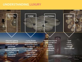 UNDERSTANDING LUXURY
EFFECTS FORM MATERIAL COLOR
• Discreet Lighting
•YellowAmbiance
• Contrasts of Light
and Shade
• Spot Lights
• Blends of White and
Yellow
•Technology
Innovation
• Lamp Shades
• Concealed Lights
• Minimal Geometry
• Sculptural
• Orbs
• Paneled Lighting
• Chandeliers
• Intricate Patterns
• Organic Shapes
• IlluminatedObjects
• Lights and Mirrors
• Glass
• Organic
• Hand Made
• Reflective
• Gold
• Silver
• Crystal
• White
• Hand Painted
 