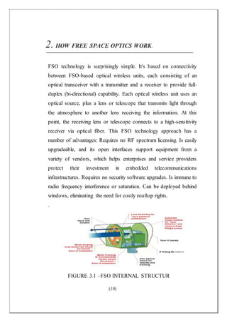 (10)
2. HOW FREE SPACE OPTICS WORK.
FSO technology is surprisingly simple. It's based on connectivity
between FSO-based optical wireless units, each consisting of an
optical transceiver with a transmitter and a receiver to provide full-
duplex (bi-directional) capability. Each optical wireless unit uses an
optical source, plus a lens or telescope that transmits light through
the atmosphere to another lens receiving the information. At this
point, the receiving lens or telescope connects to a high-sensitivity
receiver via optical fiber. This FSO technology approach has a
number of advantages: Requires no RF spectrum licensing. Is easily
upgradeable, and its open interfaces support equipment from a
variety of vendors, which helps enterprises and service providers
protect their investment in embedded telecommunications
infrastructures. Requires no security software upgrades. Is immune to
radio frequency interference or saturation. Can be deployed behind
windows, eliminating the need for costly rooftop rights.
.
FIGURE 3.1 –FSO INTERNAL STRUCTUR
 