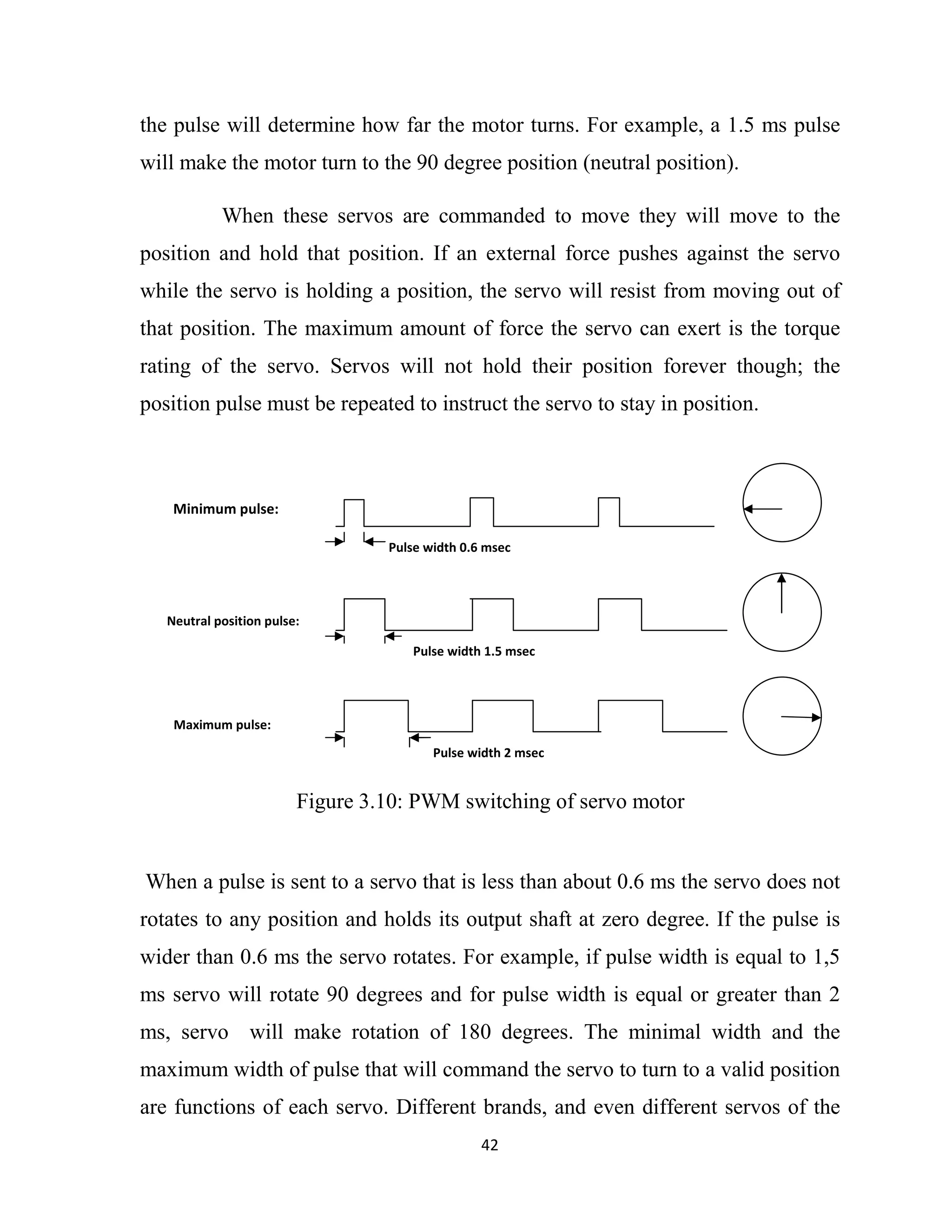 42
the pulse will determine how far the motor turns. For example, a 1.5 ms pulse
will make the motor turn to the 90 degree position (neutral position).
When these servos are commanded to move they will move to the
position and hold that position. If an external force pushes against the servo
while the servo is holding a position, the servo will resist from moving out of
that position. The maximum amount of force the servo can exert is the torque
rating of the servo. Servos will not hold their position forever though; the
position pulse must be repeated to instruct the servo to stay in position.
When a pulse is sent to a servo that is less than about 0.6 ms the servo does not
rotates to any position and holds its output shaft at zero degree. If the pulse is
wider than 0.6 ms the servo rotates. For example, if pulse width is equal to 1,5
ms servo will rotate 90 degrees and for pulse width is equal or greater than 2
ms, servo will make rotation of 180 degrees. The minimal width and the
maximum width of pulse that will command the servo to turn to a valid position
are functions of each servo. Different brands, and even different servos of the
Minimum pulse:
Neutral position pulse:
Maximum pulse:
Pulse width 0.6 msec
Pulse width 1.5 msec
Pulse width 2 msec
Figure 3.10: PWM switching of servo motor
 