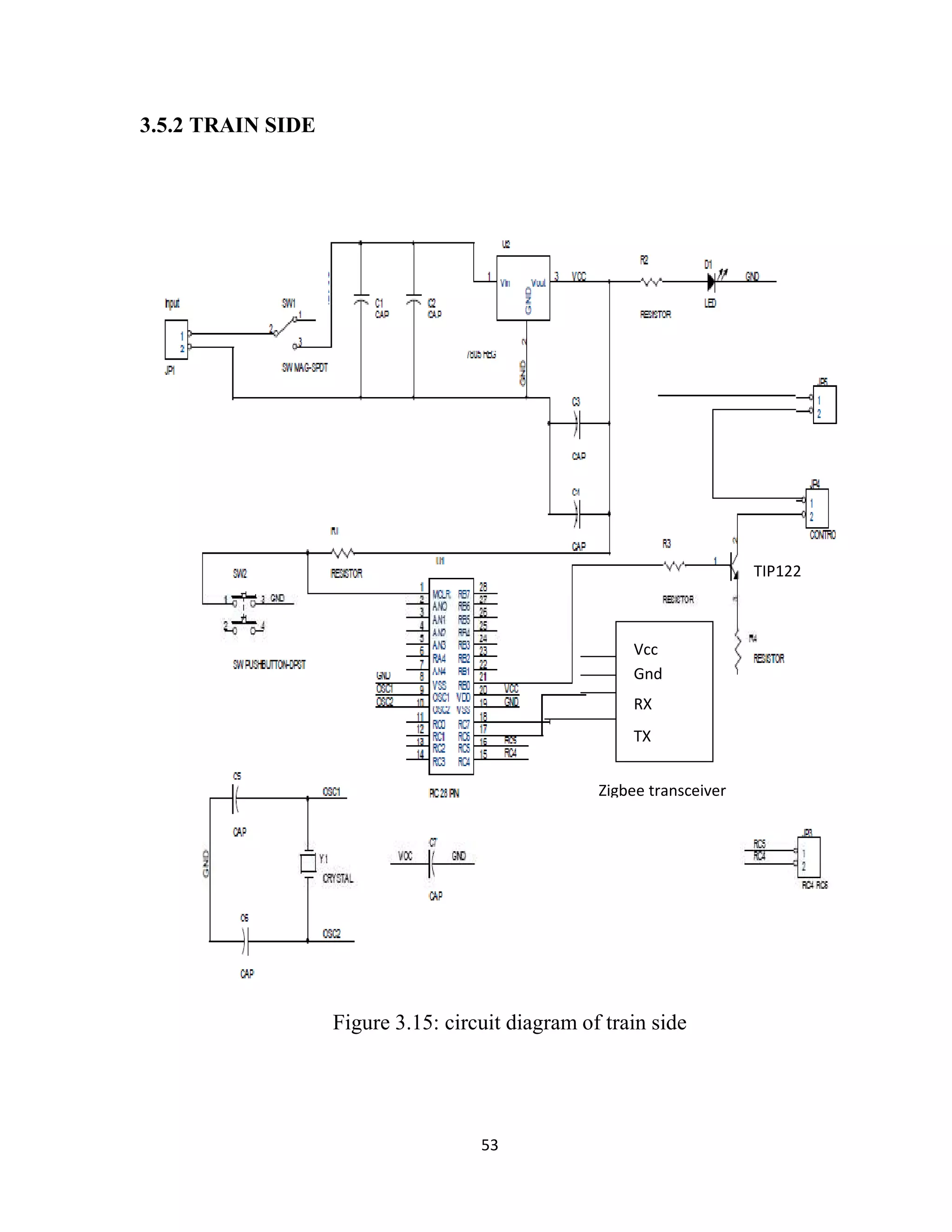 53
3.5.2 TRAIN SIDE
TIP122
Zigbee transceiver
Vcc
Gnd
RX
TX
Figure 3.15: circuit diagram of train side
 