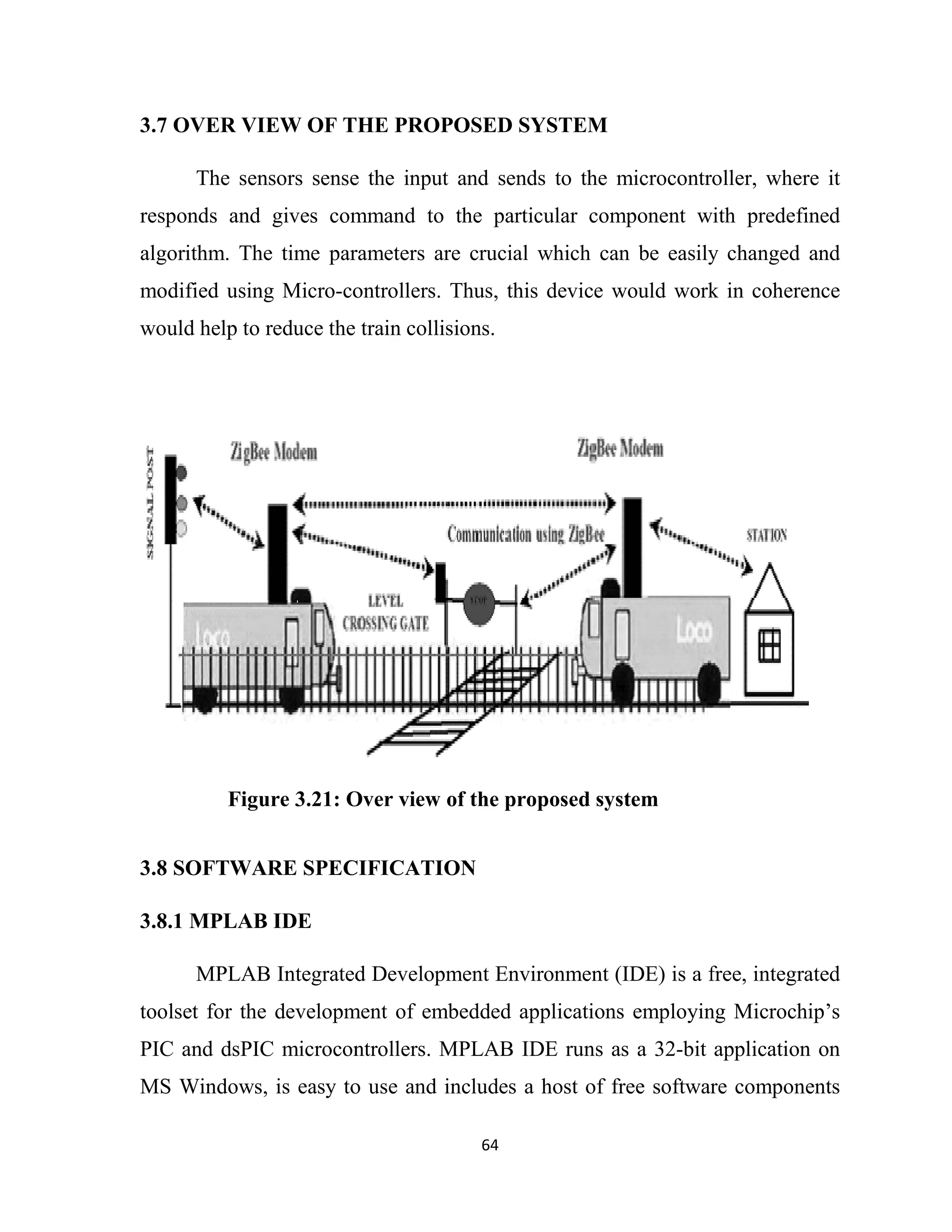 3.7 OVER VIEW OF THE PROPOSED SYSTEM
The sensors sense the input and sends to the microcontroller, where it
responds and gives command to the particular component with predefined
algorithm. The time parameters are crucial which can be easily changed and
modified using Micro-controllers. Thus,
would help to reduce the train collisions.
3.8 SOFTWARE SPECIFICATION
3.8.1 MPLAB IDE
MPLAB Integrated Development Environment (IDE) is a free, integrated
toolset for the development of embedded applications employing Microchip
PIC and dsPIC microcontrollers. MPLAB IDE runs as a 32
MS Windows, is easy to use and includes a host of free software components
Figure 3.21: Over view of the proposed system
64
OVER VIEW OF THE PROPOSED SYSTEM
The sensors sense the input and sends to the microcontroller, where it
responds and gives command to the particular component with predefined
algorithm. The time parameters are crucial which can be easily changed and
controllers. Thus, this device would work in coherence
would help to reduce the train collisions.
SOFTWARE SPECIFICATION
MPLAB Integrated Development Environment (IDE) is a free, integrated
for the development of embedded applications employing Microchip
PIC and dsPIC microcontrollers. MPLAB IDE runs as a 32-bit application on
MS Windows, is easy to use and includes a host of free software components
Figure 3.21: Over view of the proposed system
The sensors sense the input and sends to the microcontroller, where it
responds and gives command to the particular component with predefined
algorithm. The time parameters are crucial which can be easily changed and
this device would work in coherence
MPLAB Integrated Development Environment (IDE) is a free, integrated
for the development of embedded applications employing Microchip’s
bit application on
MS Windows, is easy to use and includes a host of free software components
 
