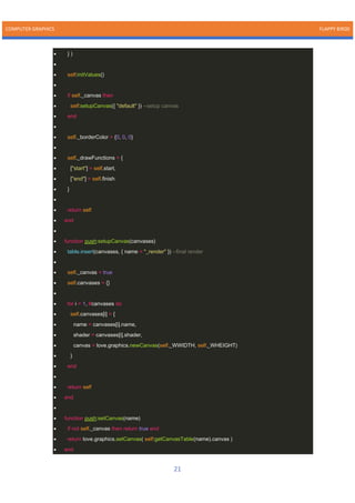 COMPUTER GRAPHICS FLAPPY BIRDS
21
• } )
•
• self:initValues()
•
• if self._canvas then
• self:setupCanvas({ "default" }) --setup canvas
• end
•
• self._borderColor = {0, 0, 0}
•
• self._drawFunctions = {
• ["start"] = self.start,
• ["end"] = self.finish
• }
•
• return self
• end
•
• function push:setupCanvas(canvases)
• table.insert(canvases, { name = "_render" }) --final render
•
• self._canvas = true
• self.canvases = {}
•
• for i = 1, #canvases do
• self.canvases[i] = {
• name = canvases[i].name,
• shader = canvases[i].shader,
• canvas = love.graphics.newCanvas(self._WWIDTH, self._WHEIGHT)
• }
• end
•
• return self
• end
•
• function push:setCanvas(name)
• if not self._canvas then return true end
• return love.graphics.setCanvas( self:getCanvasTable(name).canvas )
• end
 