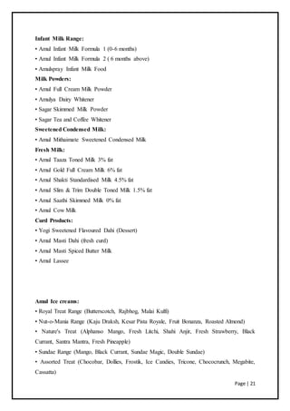 Page | 21
Infant Milk Range:
• Amul Infant Milk Formula 1 (0-6 months)
• Amul Infant Milk Formula 2 ( 6 months above)
• Amulspray Infant Milk Food
Milk Powders:
• Amul Full Cream Milk Powder
• Amulya Dairy Whitener
• Sagar Skimmed Milk Powder
• Sagar Tea and Coffee Whitener
Sweetened Condensed Milk:
• Amul Mithaimate Sweetened Condensed Milk
Fresh Milk:
• Amul Taaza Toned Milk 3% fat
• Amul Gold Full Cream Milk 6% fat
• Amul Shakti Standardised Milk 4.5% fat
• Amul Slim & Trim Double Toned Milk 1.5% fat
• Amul Saathi Skimmed Milk 0% fat
• Amul Cow Milk
Curd Products:
• Yogi Sweetened Flavoured Dahi (Dessert)
• Amul Masti Dahi (fresh curd)
• Amul Masti Spiced Butter Milk
• Amul Lassee
Amul Ice creams:
• Royal Treat Range (Butterscotch, Rajbhog, Malai Kulfi)
• Nut-o-Mania Range (Kaju Draksh, Kesar Pista Royale, Fruit Bonanza, Roasted Almond)
• Nature's Treat (Alphanso Mango, Fresh Litchi, Shahi Anjir, Fresh Strawberry, Black
Currant, Santra Mantra, Fresh Pineapple)
• Sundae Range (Mango, Black Currant, Sundae Magic, Double Sundae)
• Assorted Treat (Chocobar, Dollies, Frostik, Ice Candies, Tricone, Chococrunch, Megabite,
Cassatta)
 
