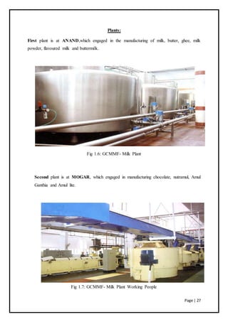Page | 27
Plants:
First plant is at ANAND,which engaged in the manufacturing of milk, butter, ghee, milk
powder, flavoured milk and buttermilk.
Fig 1.6: GCMMF- Milk Plant
Second plant is at MOGAR, which engaged in manufacturing chocolate, nutramul, Amul
Ganthia and Amul lite.
Fig 1.7: GCMMF- Milk Plant Working People
 