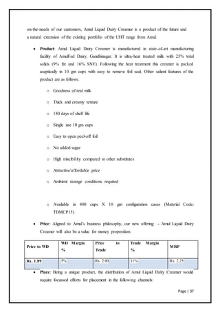 Page | 37
on-the-needs of our customers, Amul Liquid Dairy Creamer is a product of the future and
a natural extension of the existing portfolio of the UHT range from Amul.
 Product: Amul Liquid Dairy Creamer is manufactured in state-of-art manufacturing
facility of AmulFed Dairy, Gandhinagar. It is ultra-heat treated milk with 25% total
solids (9% fat and 16% SNF). Following the heat treatment this creamer is packed
aseptically in 10 gm cups with easy to remove foil seal. Other salient features of the
product are as follows:
o Goodness of real milk
o Thick and creamy texture
o 180 days of shelf life
o Single use 10 gm cups
o Easy to open peel-off foil
o No added sugar
o High miscibility compared to other substitutes
o Attractive/affordable price
o Ambient storage conditions required
o Available in 400 cups X 10 gm configuration cases (Material Code:
TDMCP15)
 Price: Aligned to Amul’s business philosophy, our new offering - Amul Liquid Dairy
Creamer will also be a value for money proposition:
Price to WD
WD Margin
%
Price to
Trade
Trade Margin
%
MRP
Rs. 1.89 5% Rs. 2.00 11% Rs. 2.25
 Place: Being a unique product, the distribution of Amul Liquid Dairy Creamer would
require focussed efforts for placement in the following channels:
 