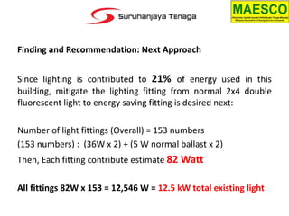Finding and Recommendation: Next Approach
Since lighting is contributed to 21% of energy used in this
building, mitigate t...