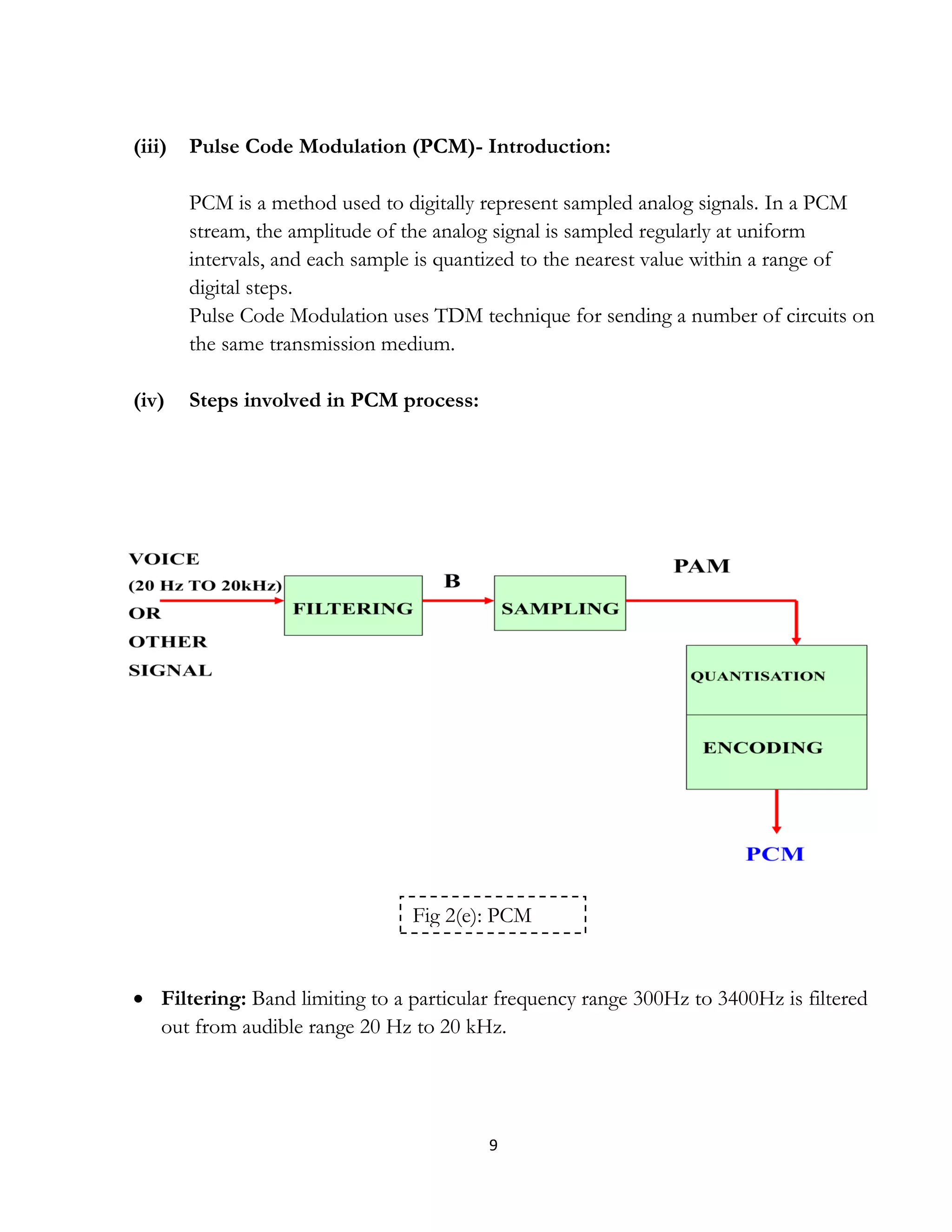9
(iii) Pulse Code Modulation (PCM)- Introduction:
PCM is a method used to digitally represent sampled analog signals. In a PCM
stream, the amplitude of the analog signal is sampled regularly at uniform
intervals, and each sample is quantized to the nearest value within a range of
digital steps.
Pulse Code Modulation uses TDM technique for sending a number of circuits on
the same transmission medium.
(iv) Steps involved in PCM process:
 Filtering: Band limiting to a particular frequency range 300Hz to 3400Hz is filtered
out from audible range 20 Hz to 20 kHz.
Fig 2(e): PCM
 