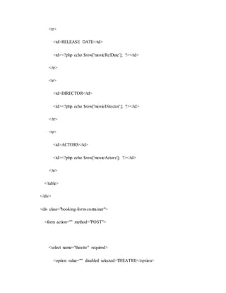 <tr>
<td>RELEASE DATE</td>
<td><?php echo $row['movieRelDate']; ?></td>
</tr>
<tr>
<td>DIRECTOR</td>
<td><?php echo $row['movieDirector']; ?></td>
</tr>
<tr>
<td>ACTORS</td>
<td><?php echo $row['movieActors']; ?></td>
</tr>
</table>
</div>
<div class="booking-form-container">
<form action="" method="POST">
<select name="theatre" required>
<option value="" disabled selected>THEATRE</option>
 