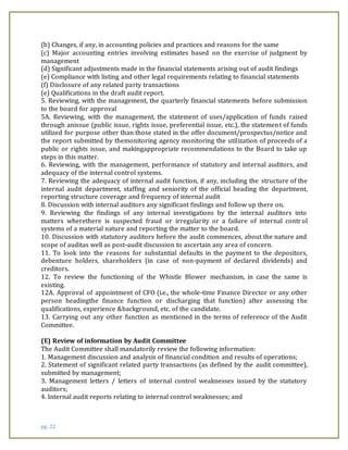 pg. 22
(b) Changes, if any, in accounting policies and practices and reasons for the same
(c) Major accounting entries involving estimates based on the exercise of judgment by
management
(d) Significant adjustments made in the financial statements arising out of audit findings
(e) Compliance with listing and other legal requirements relating to financial statements
(f) Disclosure of any related party transactions
(e) Qualifications in the draft audit report.
5. Reviewing, with the management, the quarterly financial statements before submission
to the board for approval
5A. Reviewing, with the management, the statement of uses/application of funds raised
through anissue (public issue, rights issue, preferential issue, etc.), the statement of funds
utilized for purpose other than those stated in the offer document/prospectus/notice and
the report submitted by themonitoring agency monitoring the utilization of proceeds of a
public or rights issue, and makingappropriate recommendations to the Board to take up
steps in this matter.
6. Reviewing, with the management, performance of statutory and internal auditors, and
adequacy of the internal control systems.
7. Reviewing the adequacy of internal audit function, if any, including the structure of the
internal audit department, staffing and seniority of the official heading the department,
reporting structure coverage and frequency of internal audit
8. Discussion with internal auditors any significant findings and follow up there on.
9. Reviewing the findings of any internal investigations by the internal auditors into
matters wherethere is suspected fraud or irregularity or a failure of internal control
systems of a material nature and reporting the matter to the board.
10. Discussion with statutory auditors before the audit commences, about the nature and
scope of auditas well as post-audit discussion to ascertain any area of concern.
11. To look into the reasons for substantial defaults in the payment to the depositors,
debenture holders, shareholders (in case of non-payment of declared dividends) and
creditors.
12. To review the functioning of the Whistle Blower mechanism, in case the same is
existing.
12A. Approval of appointment of CFO (i.e., the whole-time Finance Director or any other
person headingthe finance function or discharging that function) after assessing the
qualifications, experience &background, etc. of the candidate.
13. Carrying out any other function as mentioned in the terms of reference of the Audit
Committee.
(E) Review of information by Audit Committee
The Audit Committee shall mandatorily review the following information:
1. Management discussion and analysis of financial condition and results of operations;
2. Statement of significant related party transactions (as defined by the audit committee),
submitted by management;
3. Management letters / letters of internal control weaknesses issued by the statutory
auditors;
4. Internal audit reports relating to internal control weaknesses; and
 