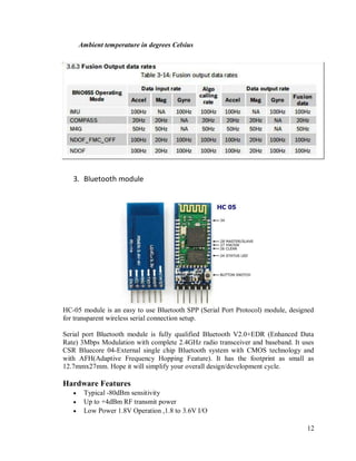 12
Ambient temperature in degrees Celsius
3. Bluetooth module
HC-05 module is an easy to use Bluetooth SPP (Serial Port Protocol) module, designed
for transparent wireless serial connection setup.
Serial port Bluetooth module is fully qualified Bluetooth V2.0+EDR (Enhanced Data
Rate) 3Mbps Modulation with complete 2.4GHz radio transceiver and baseband. It uses
CSR Bluecore 04-External single chip Bluetooth system with CMOS technology and
with AFH(Adaptive Frequency Hopping Feature). It has the footprint as small as
12.7mmx27mm. Hope it will simplify your overall design/development cycle.
Hardware Features
 Typical -80dBm sensitivity
 Up to +4dBm RF transmit power
 Low Power 1.8V Operation ,1.8 to 3.6V I/O
 