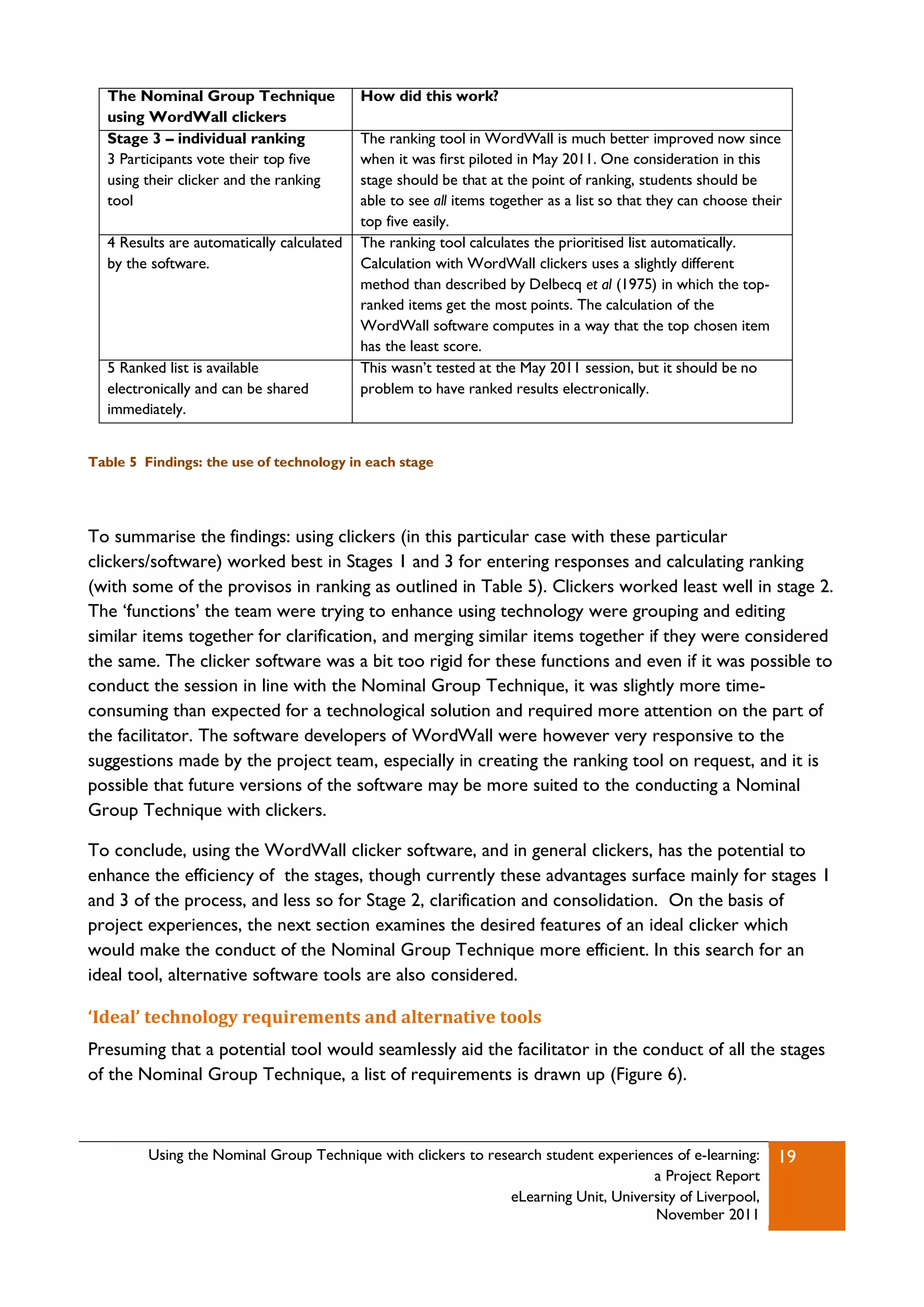 The Nominal Group Technique              How did this work?
  using WordWall clickers
  Stage 3 – individual ranking             The ranking tool in WordWall is much better improved now since
  3 Participants vote their top five       when it was first piloted in May 2011. One consideration in this
  using their clicker and the ranking      stage should be that at the point of ranking, students should be
  tool                                     able to see all items together as a list so that they can choose their
                                           top five easily.
  4 Results are automatically calculated   The ranking tool calculates the prioritised list automatically.
  by the software.                         Calculation with WordWall clickers uses a slightly different
                                           method than described by Delbecq et al (1975) in which the top-
                                           ranked items get the most points. The calculation of the
                                           WordWall software computes in a way that the top chosen item
                                           has the least score.
  5 Ranked list is available               This wasn‟t tested at the May 2011 session, but it should be no
  electronically and can be shared         problem to have ranked results electronically.
  immediately.


Table 5 Findings: the use of technology in each stage




To summarise the findings: using clickers (in this particular case with these particular
clickers/software) worked best in Stages 1 and 3 for entering responses and calculating ranking
(with some of the provisos in ranking as outlined in Table 5). Clickers worked least well in stage 2.
The „functions‟ the team were trying to enhance using technology were grouping and editing
similar items together for clarification, and merging similar items together if they were considered
the same. The clicker software was a bit too rigid for these functions and even if it was possible to
conduct the session in line with the Nominal Group Technique, it was slightly more time-
consuming than expected for a technological solution and required more attention on the part of
the facilitator. The software developers of WordWall were however very responsive to the
suggestions made by the project team, especially in creating the ranking tool on request, and it is
possible that future versions of the software may be more suited to the conducting a Nominal
Group Technique with clickers.

To conclude, using the WordWall clicker software, and in general clickers, has the potential to
enhance the efficiency of the stages, though currently these advantages surface mainly for stages 1
and 3 of the process, and less so for Stage 2, clarification and consolidation. On the basis of
project experiences, the next section examines the desired features of an ideal clicker which
would make the conduct of the Nominal Group Technique more efficient. In this search for an
ideal tool, alternative software tools are also considered.

‘Ideal’ technology requirements and alternative tools
Presuming that a potential tool would seamlessly aid the facilitator in the conduct of all the stages
of the Nominal Group Technique, a list of requirements is drawn up (Figure 6).



         Using the Nominal Group Technique with clickers to research student experiences of e-learning:         19
                                                                                     a Project Report
                                                               eLearning Unit, University of Liverpool,
                                                                                     November 2011
 