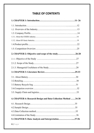 9 | P a g e
TABLE OF CONTENTS
1. CHAPTER 1: Introduction…………………………………………11- 26
1.1. Introduction………………………………………………....................12
1.2. Overview of the Industry........................................................................13
1.3. Company Profile…………………………………………………….....14
1.3.1. About the EXIDE industry...........................................................................................14
1.3.2. About SF-Sonic batteries..............................................................................................19
1.4.Product profile.........................................................................................22
1.5. Competition Overview………………………………………………...25
2. CHAPTER 2: Objective and scope of the study……………………26-28
2.1.1. Objective of the Study .......................................................................27
2.1.2. Scope of the Study.............................................................................27
2.1.3. Managerial Usefulness of the Study..................................................28
3. CHAPTER 3: Literature Review…………………….…………......29-33
3.1. About Battery………………………………………….......................30
3.2.Retailing.................... ………………………………………………....30
3.3.Battery Recycle ling .............................................................................31
3.4.Competion overview...............................................................................32
3.5. Supply Chain and logistics....................................................................33
4. CHAPTER 4: Research Design and Data Collection Method ……34-38
4.1. Research Design…………………………….....................................35
4.2.Sample Design.....................................................................................35
4.3.Data Collection method........................................................................35
4.4.Limitation of the Study..........................................................................36
5. CHAPTER 5: Data Analysis and Interpretation……………….....37-56
 