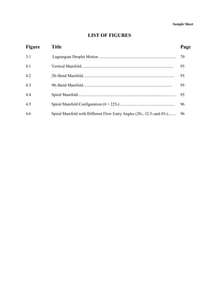 Sample Sheet
LIST OF FIGURES
Figure Title Page
3.1 Lagrangian Droplet Motion ........................................................................... 70
4.1 Vertical Manifold. ........................................................................................ 95
4.2 20O Bend Manifold......................................................................................... 95
4.3 90O Bend Manifold....................................................................................... 95
4.4 Spiral Manifold .............................................................................................. 95
4.5 Spiral Manifold Configuration (θ = 225o) ..................................................... 96
4.6 Spiral Manifold with Different Flow Entry Angles (20O, 32.5O and 45O)........ 96
 